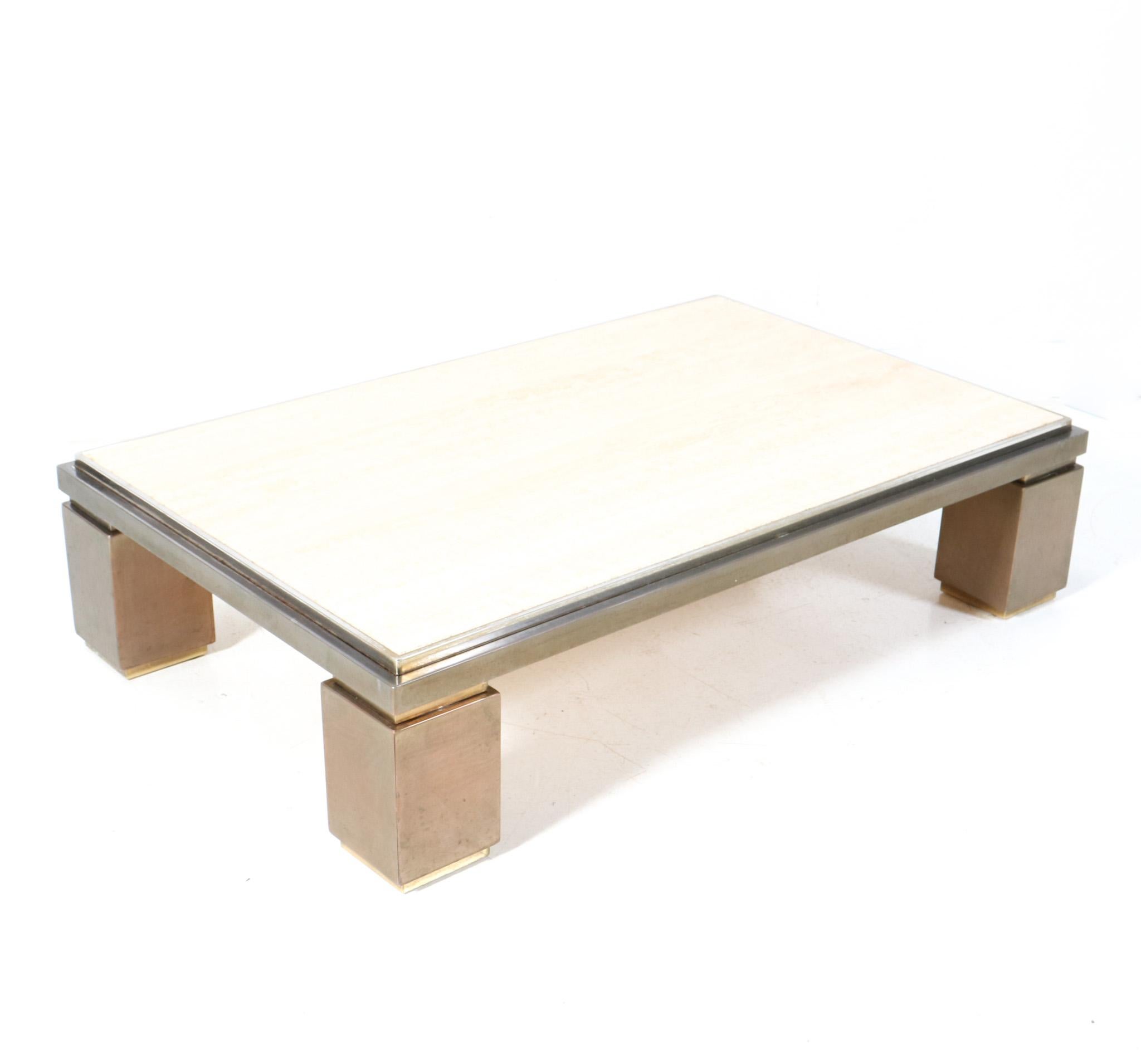 Late 20th Century Hollywood Regency  Coffee Table by Belgo Chrome with Travertine Top, 1970s For Sale