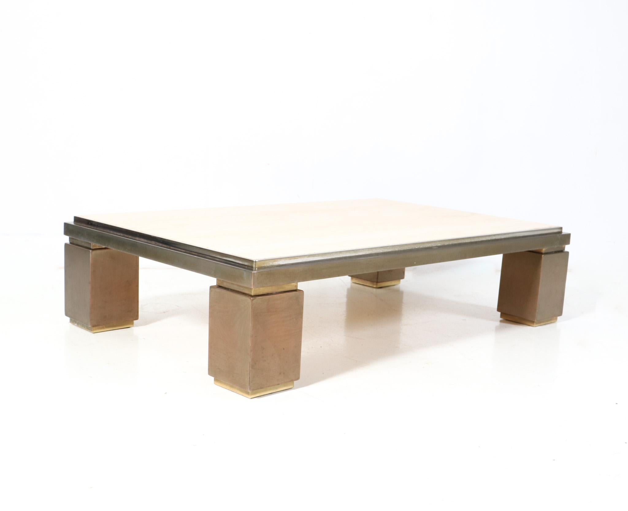Brass Hollywood Regency  Coffee Table by Belgo Chrome with Travertine Top, 1970s For Sale
