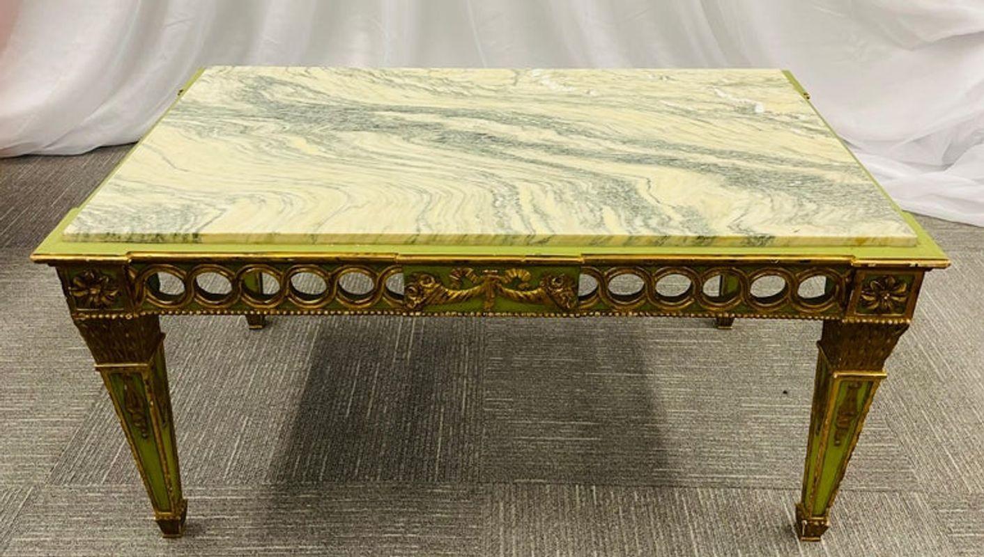 Hollywood Regency Coffee Table by Jansen. This beautiful Parcel Gilt and Paint Decorated French Sage Coffee Table is wonderfully carved handcrafted and represents an excellent example of this highly sought after designers work. The incised legs with