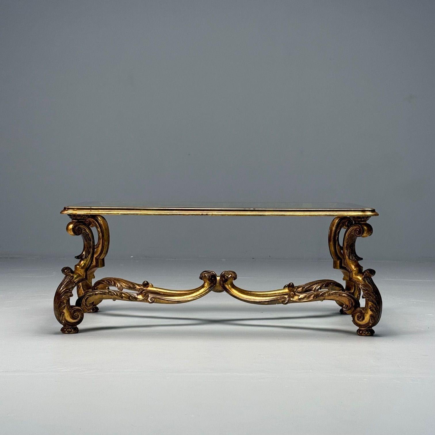Tavolino Hollywood Regency, legno dorato, foglia d'oro, vetro, Italia, anni '60 in vendita 4