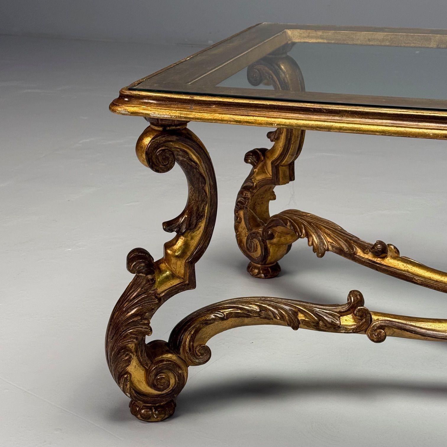Tavolino Hollywood Regency, legno dorato, foglia d'oro, vetro, Italia, anni '60 in vendita 6