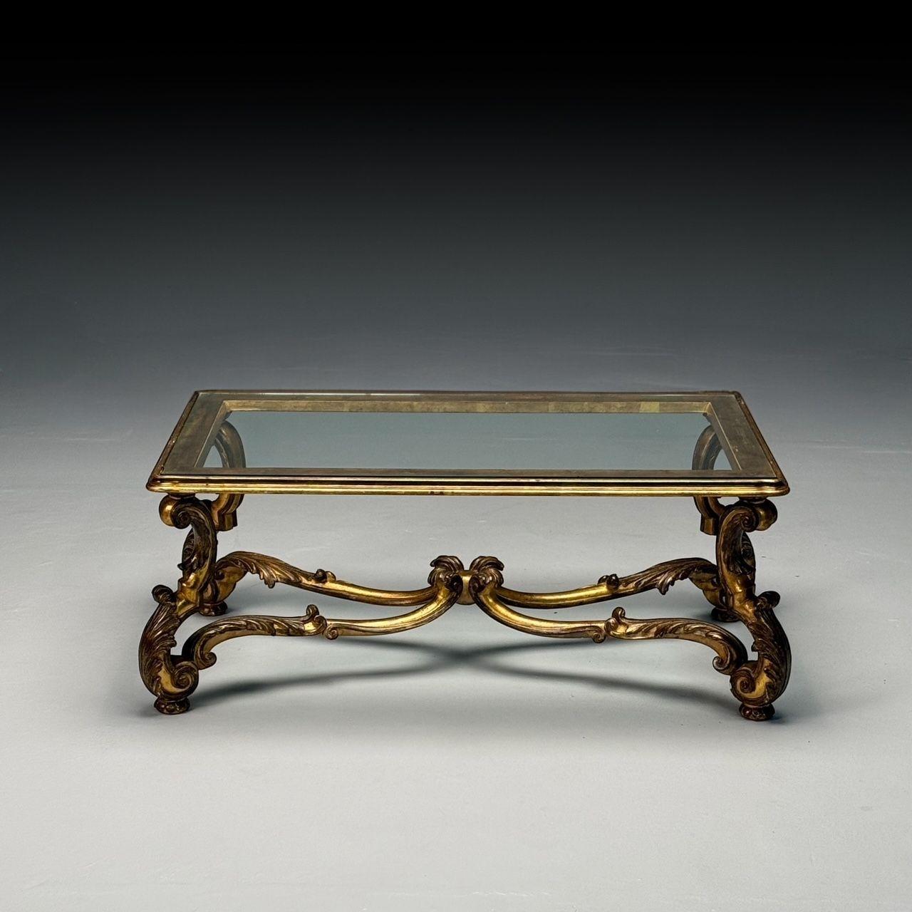 Tavolino Hollywood Regency, legno dorato, foglia d'oro, vetro, Italia, anni '60 in vendita 1