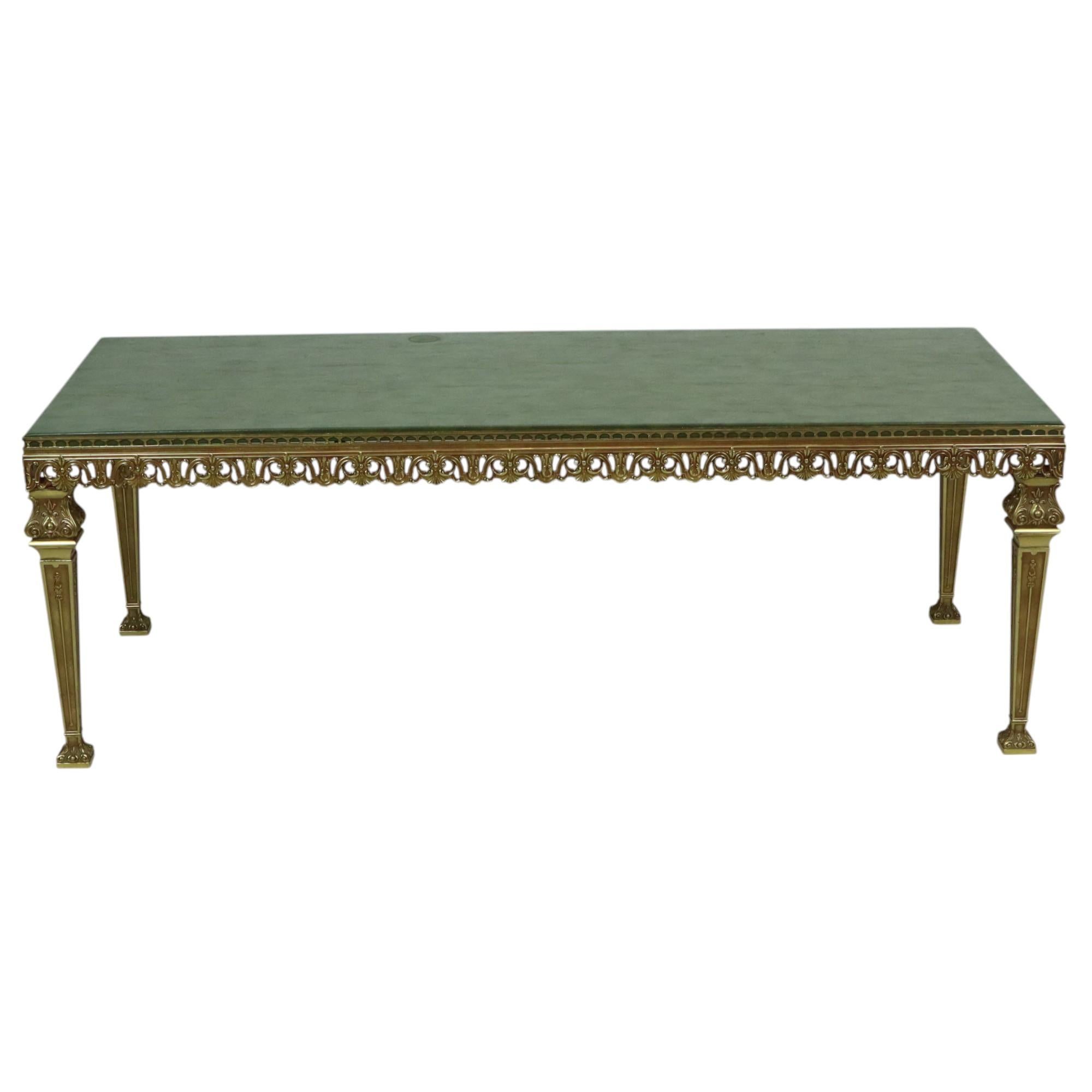 Hollywood Regency Coffee Table Green Leather Brass Italy 138cm 5