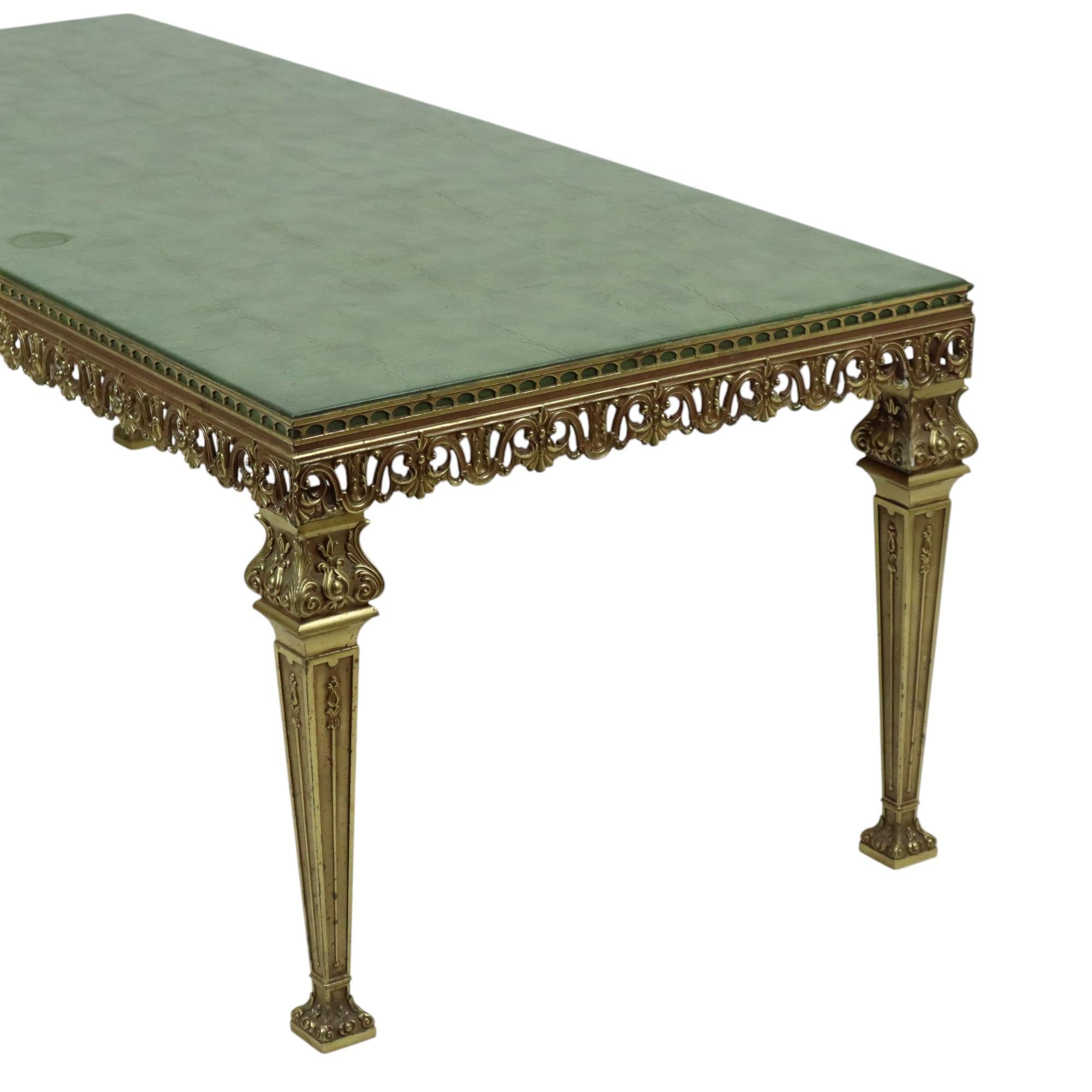 Baroque Hollywood Regency Coffee Table Green Leather Brass Italy 138cm
