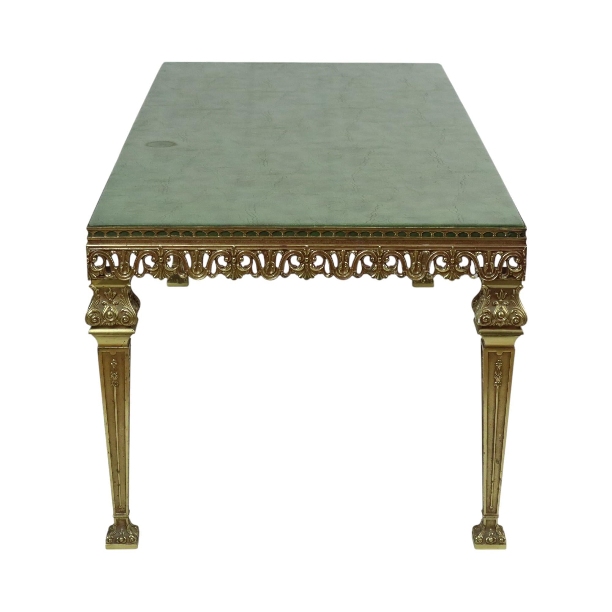 Hollywood Regency Coffee Table Green Leather Brass Italy 138cm In Good Condition In Poperinge, BE