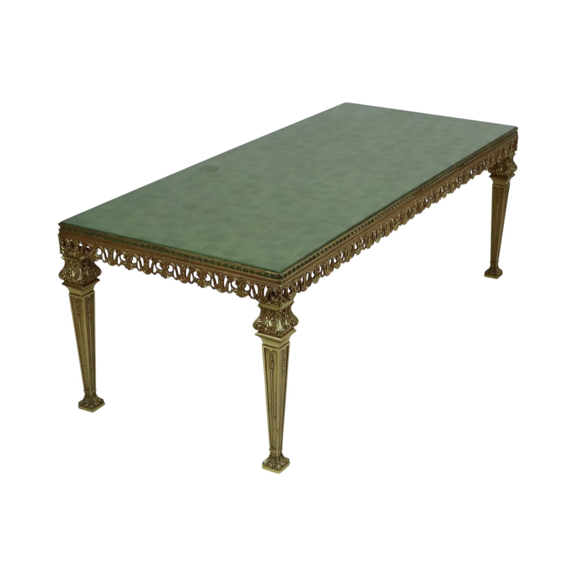 Hollywood Regency Coffee Table Green Leather Brass Italy 138cm 2