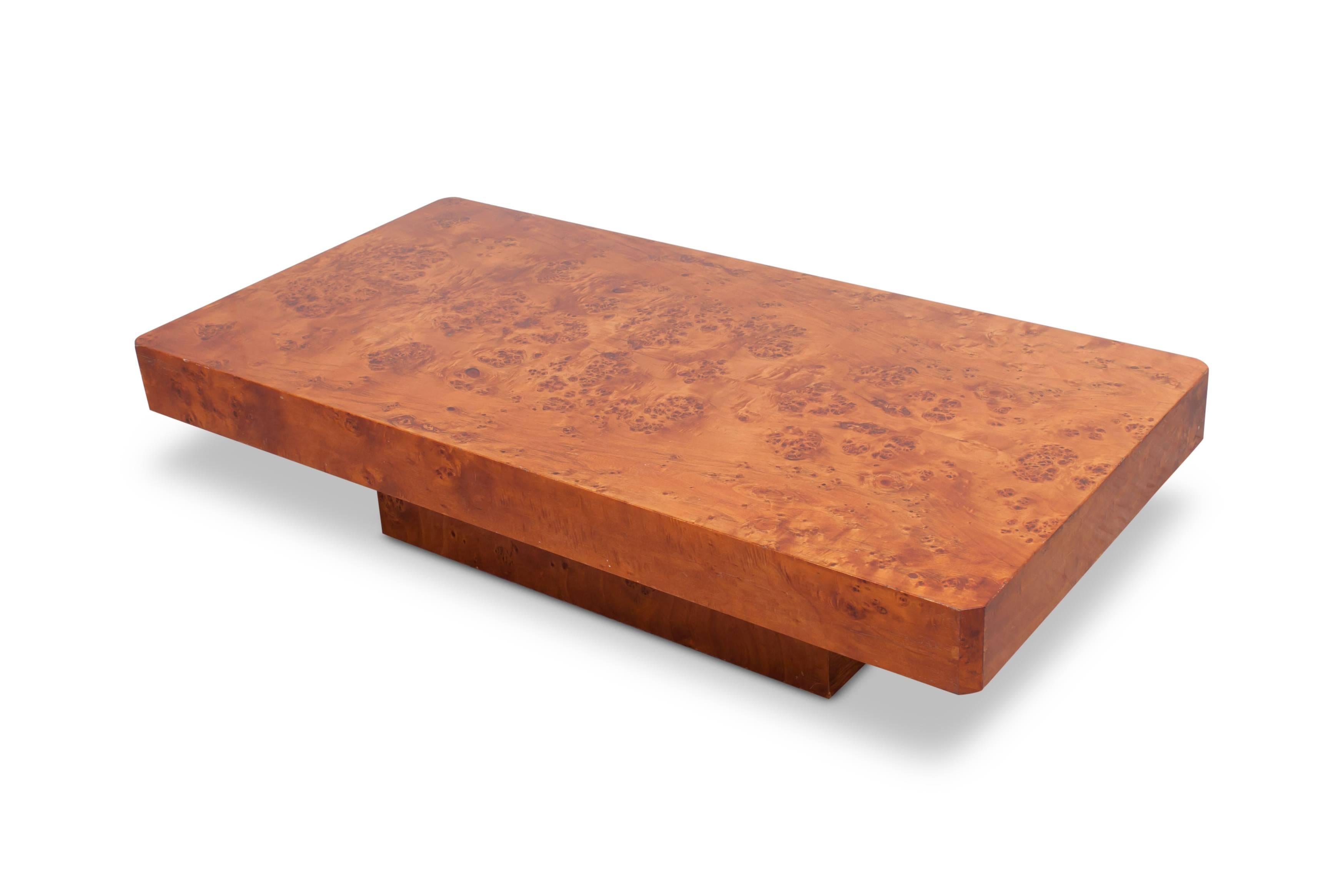 Rectangular burl wood coffee table in the style of Willy Rizzo, 1970s.
      