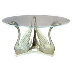 Tavolino da caffè o da cocktail in stile Hollywood Regency con base a forma di cigno e piano in vetro