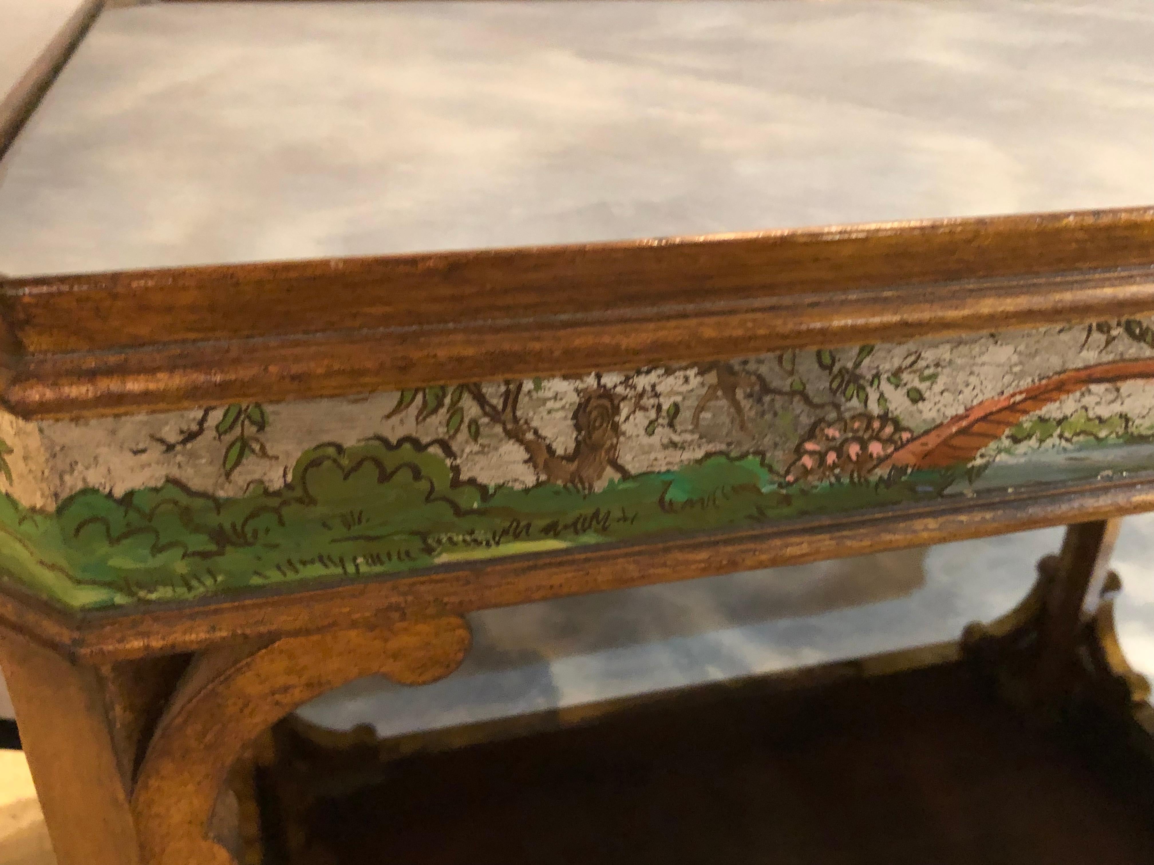 Hollywood Regency Coffee Table with Poly-Chromed Mirrored Scenes in Chinoiserie In Good Condition For Sale In Stamford, CT