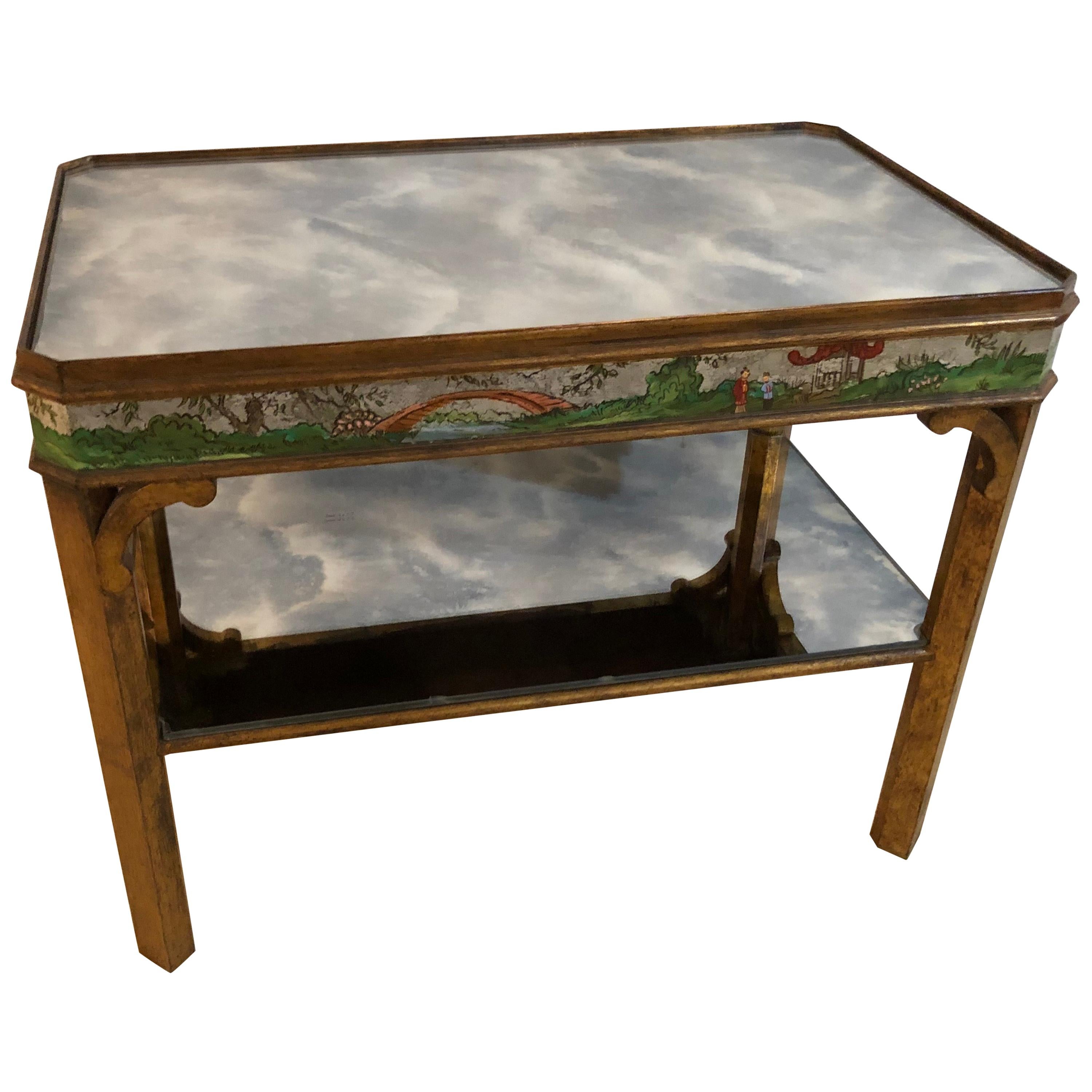 Hollywood Regency Coffee Table with Poly-Chromed Mirrored Scenes in Chinoiserie For Sale