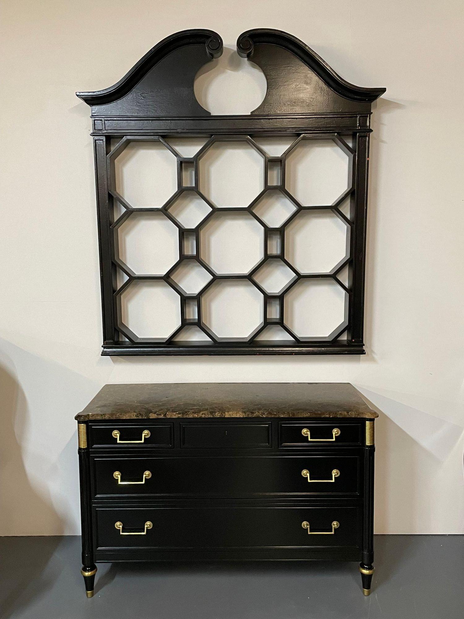 Hollywood Regency Commode, Chest, bedside table, Ebony, Maison Jansen Style
 
A Stunning Ebonized Louis XVI Style Commode, Chest or Nightstand in the manner of Maison Jansen. Having three small drawers over two large drawers all with bronze drawer