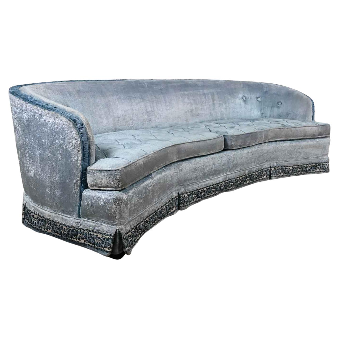 Hollywood Regency, Cottagecore Curved Blue Velvet Sofa American of Martinsville For Sale
