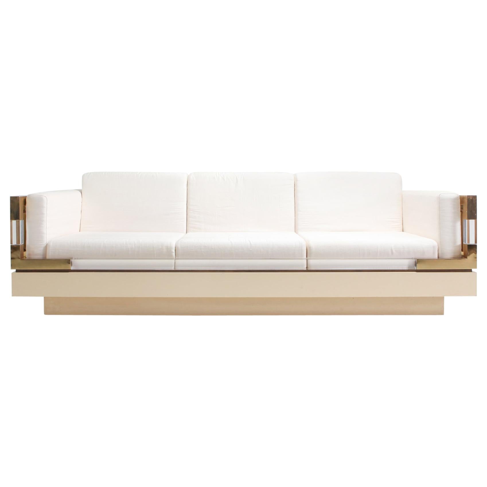 Hollywood Regency Couch in Cream Lacquer, Brass and Lucite, 1970s