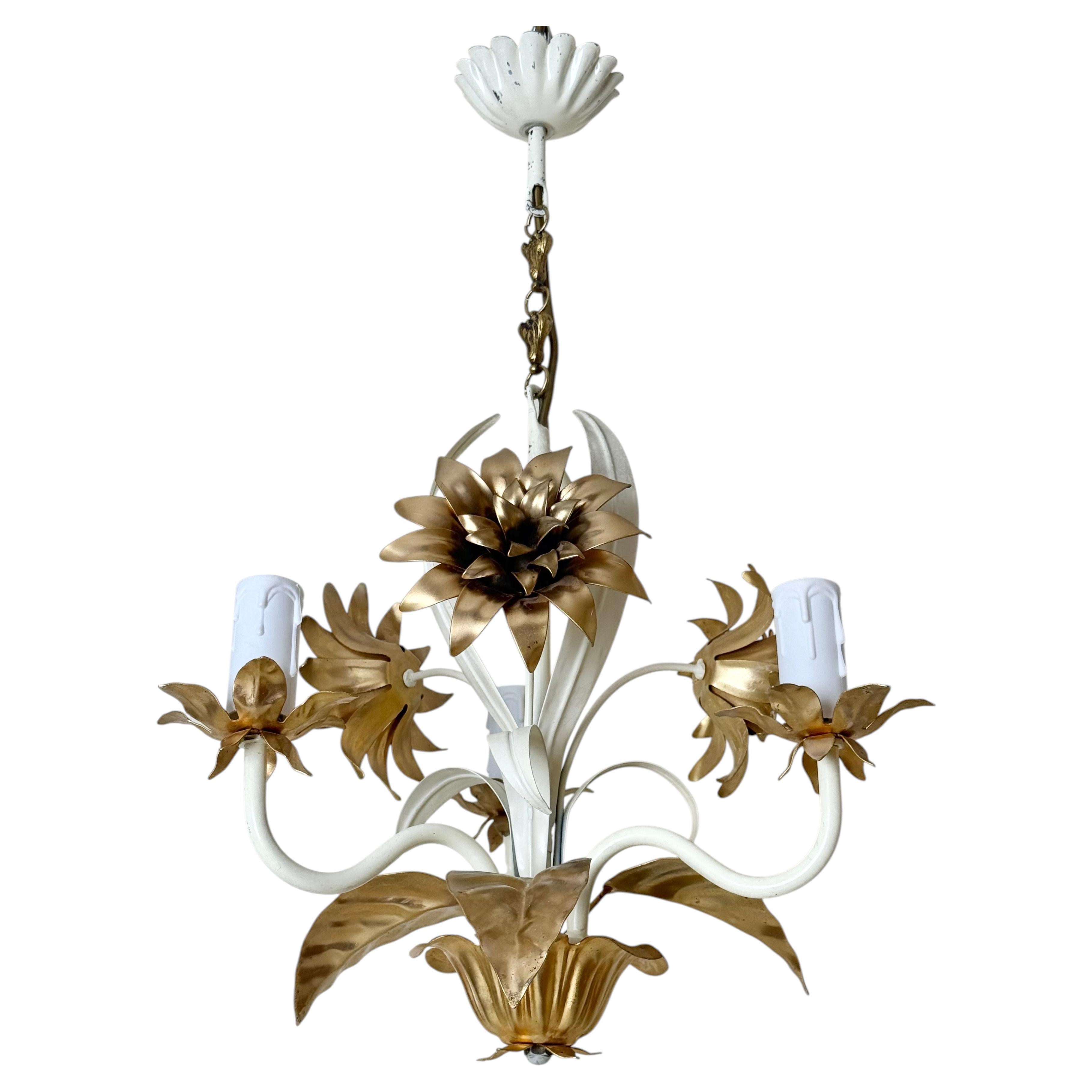 Hollywood Regency Cream and Gold Three-Arm Chandelier with Floral Details