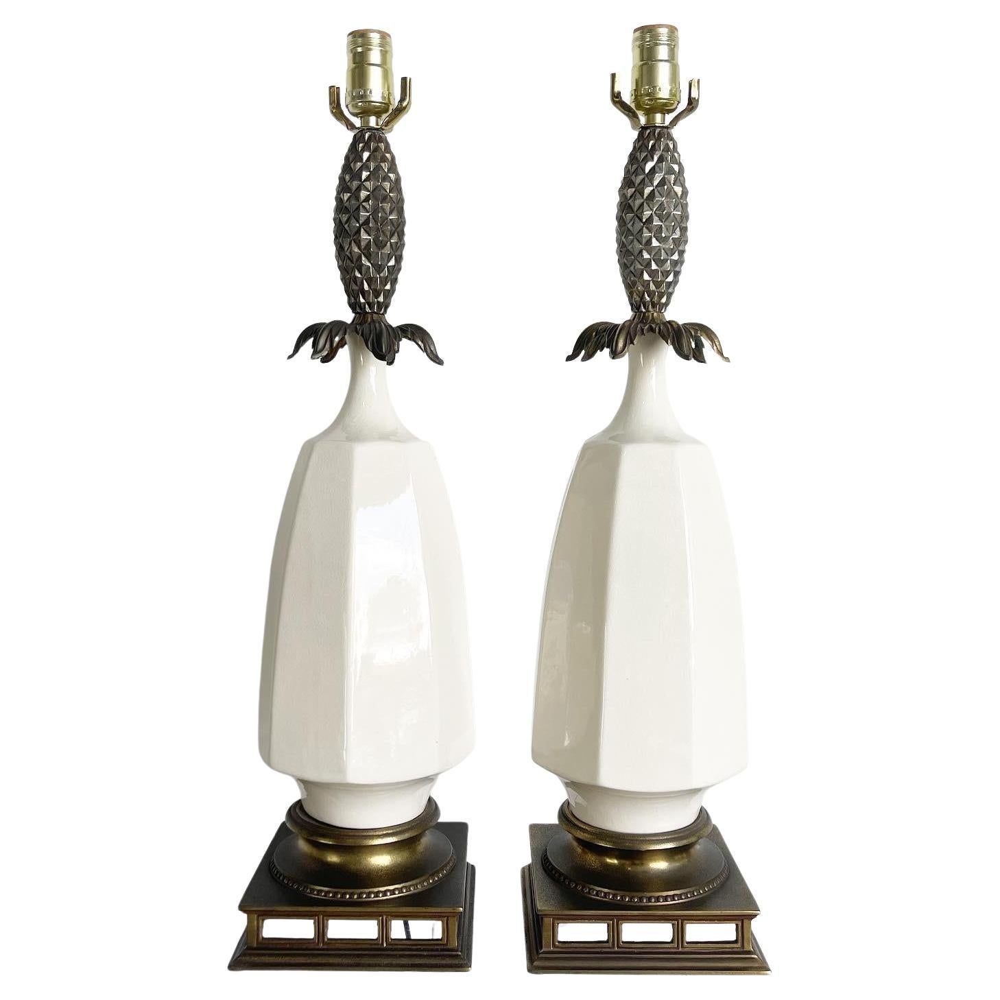 Hollywood Regency Creams Ceramic and Brass Pineapple Table Lamps - a Pair For Sale