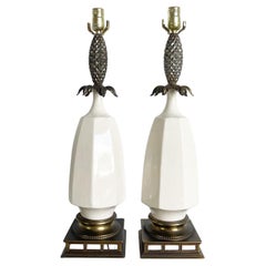 Retro Hollywood Regency Creams Ceramic and Brass Pineapple Table Lamps - a Pair