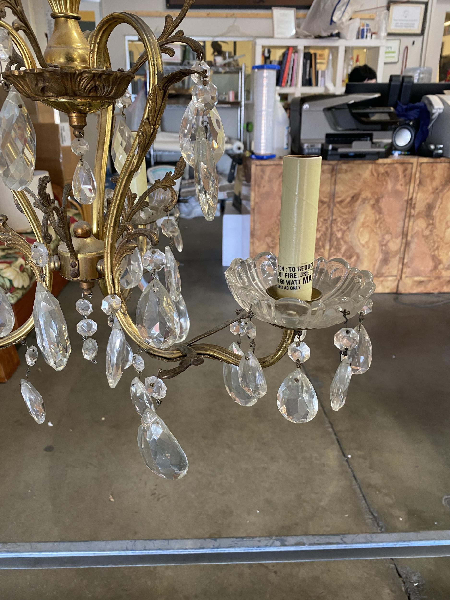 Hollywood Regency Crystal and Brass Chandelier Three Lights In Excellent Condition For Sale In Van Nuys, CA
