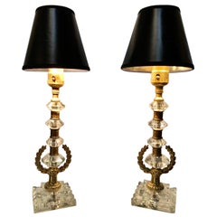 Hollywood Regency Crystal and Brass Table Lamps, a Pair