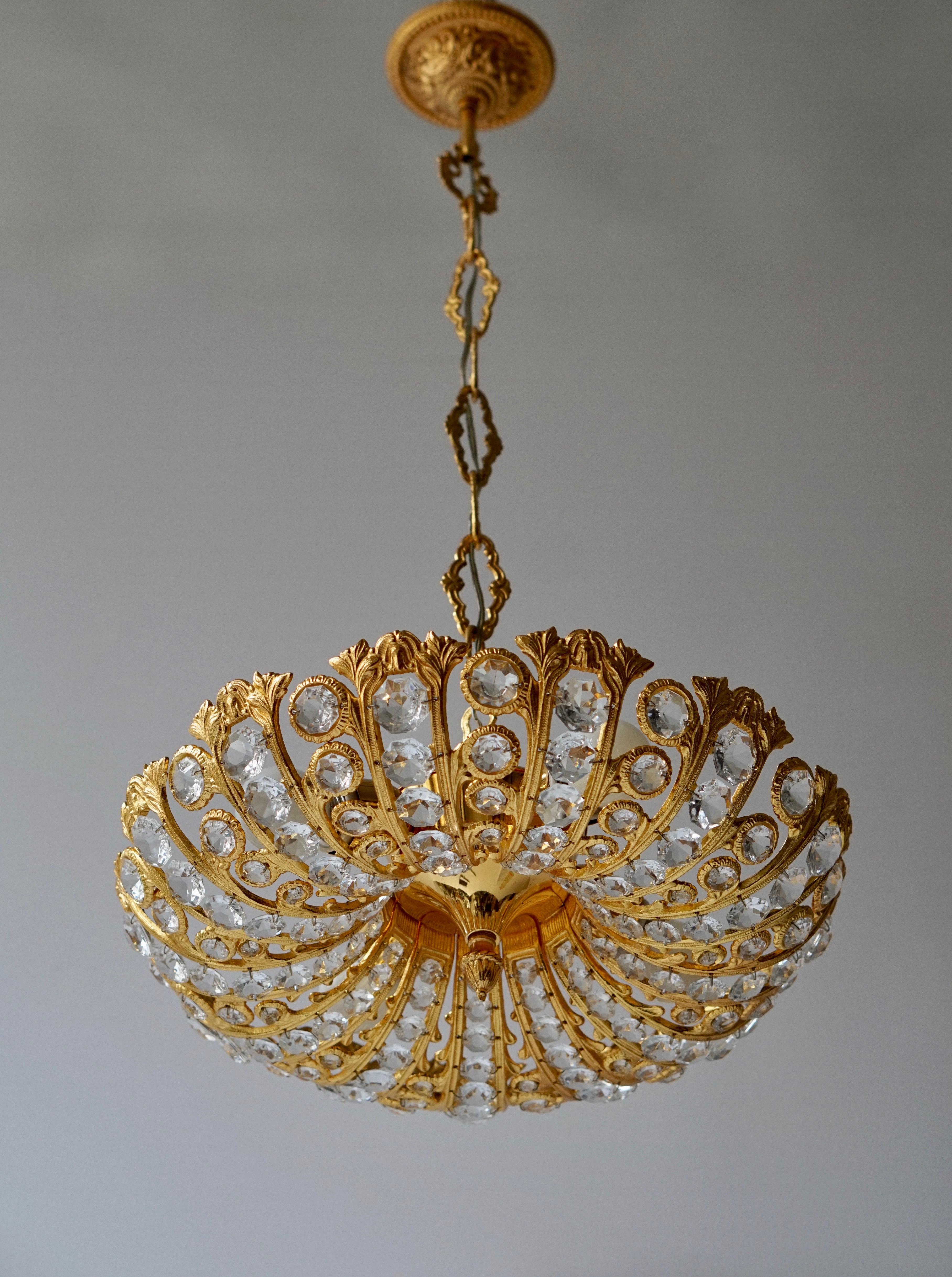 Mid-Century Modern Hollywood Regency Crystal and Gilded Chandelier by Palwa For Sale