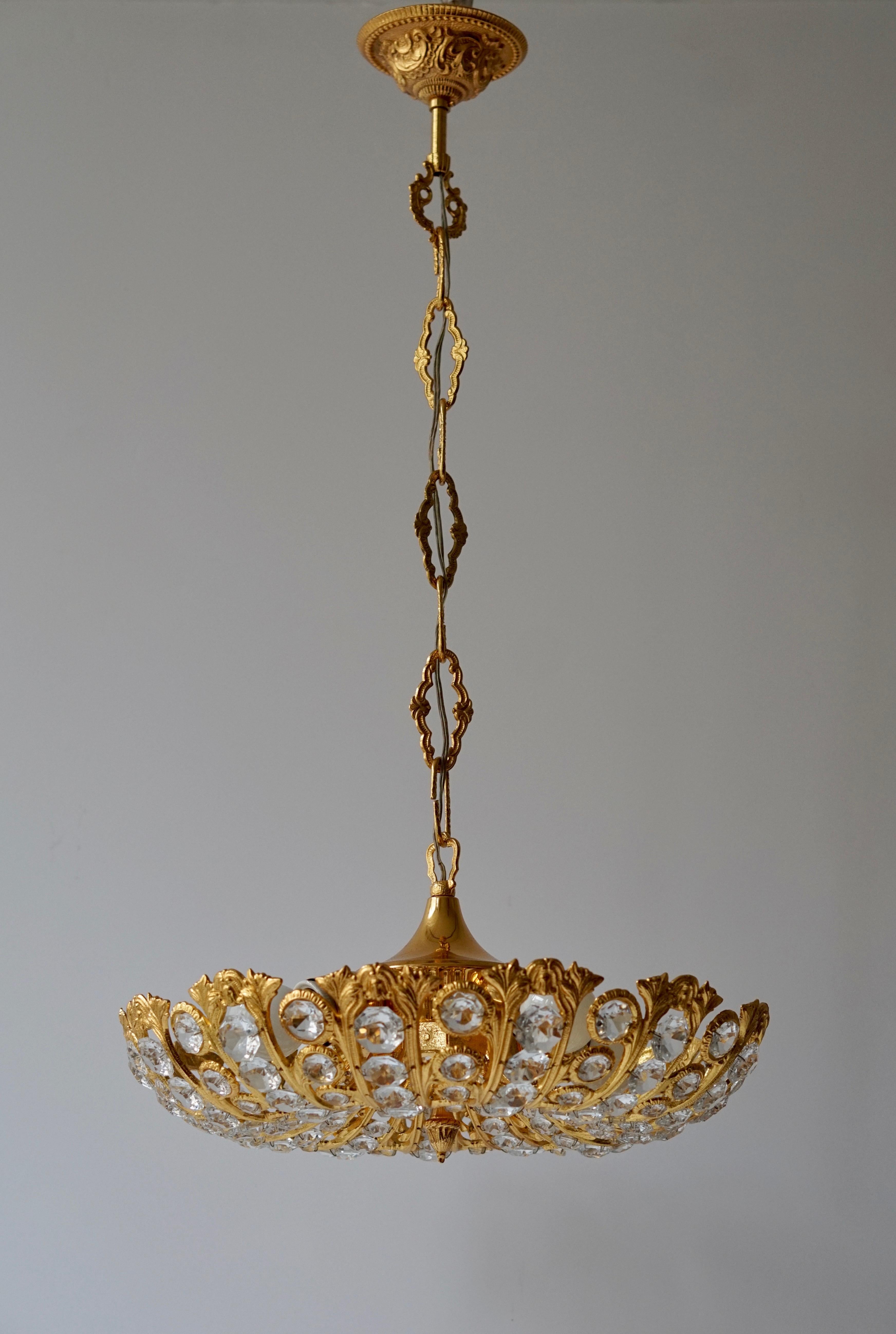 Brass Hollywood Regency Crystal and Gilded Chandelier by Palwa