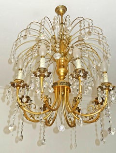 Hollywood Regency Crystal Cascade Waterfall Ornate Gilt Brass 8-Light Chandelier