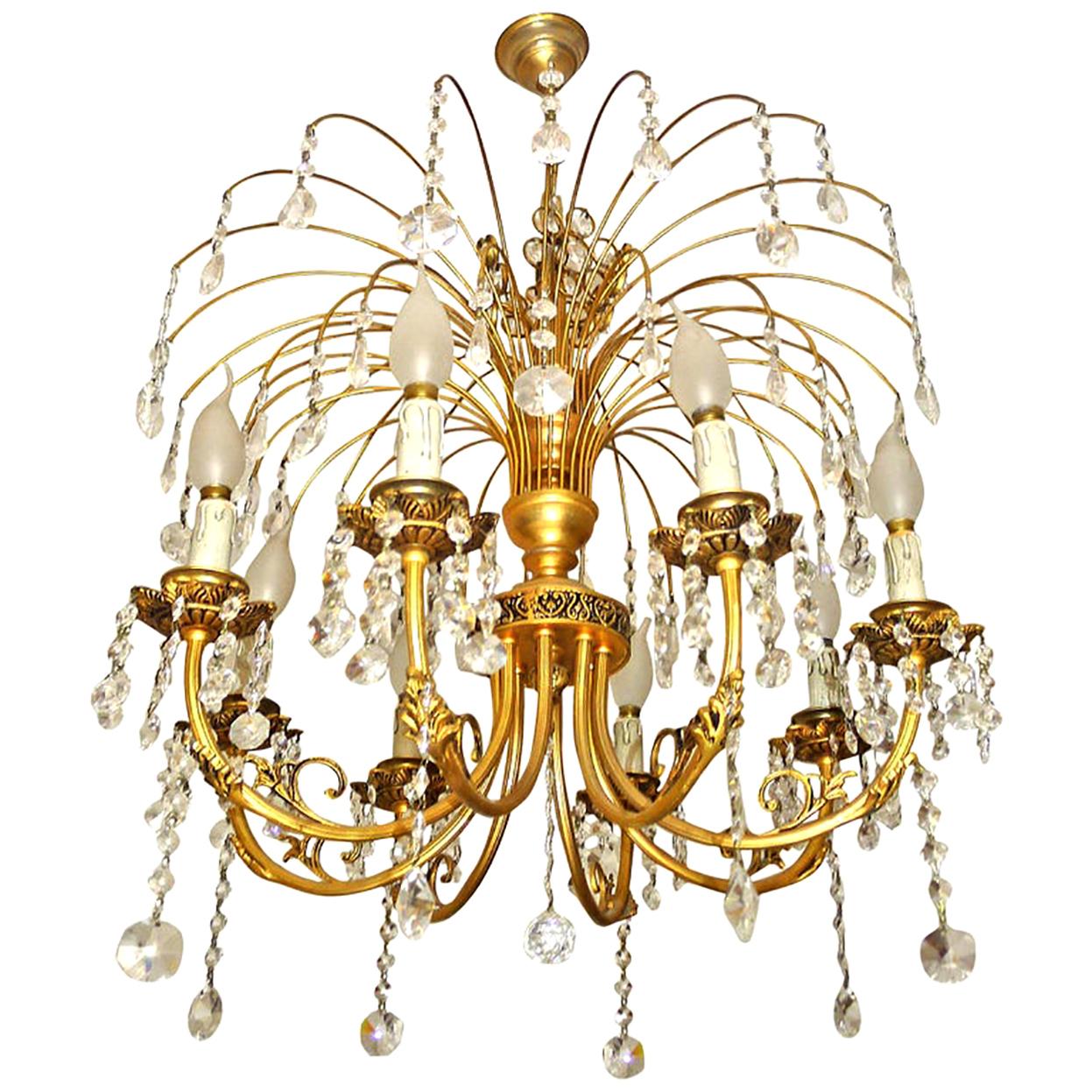 Hollywood Regency Crystal Cascade Waterfall Ornate Gilt Brass 8-light Chandelier For Sale 2