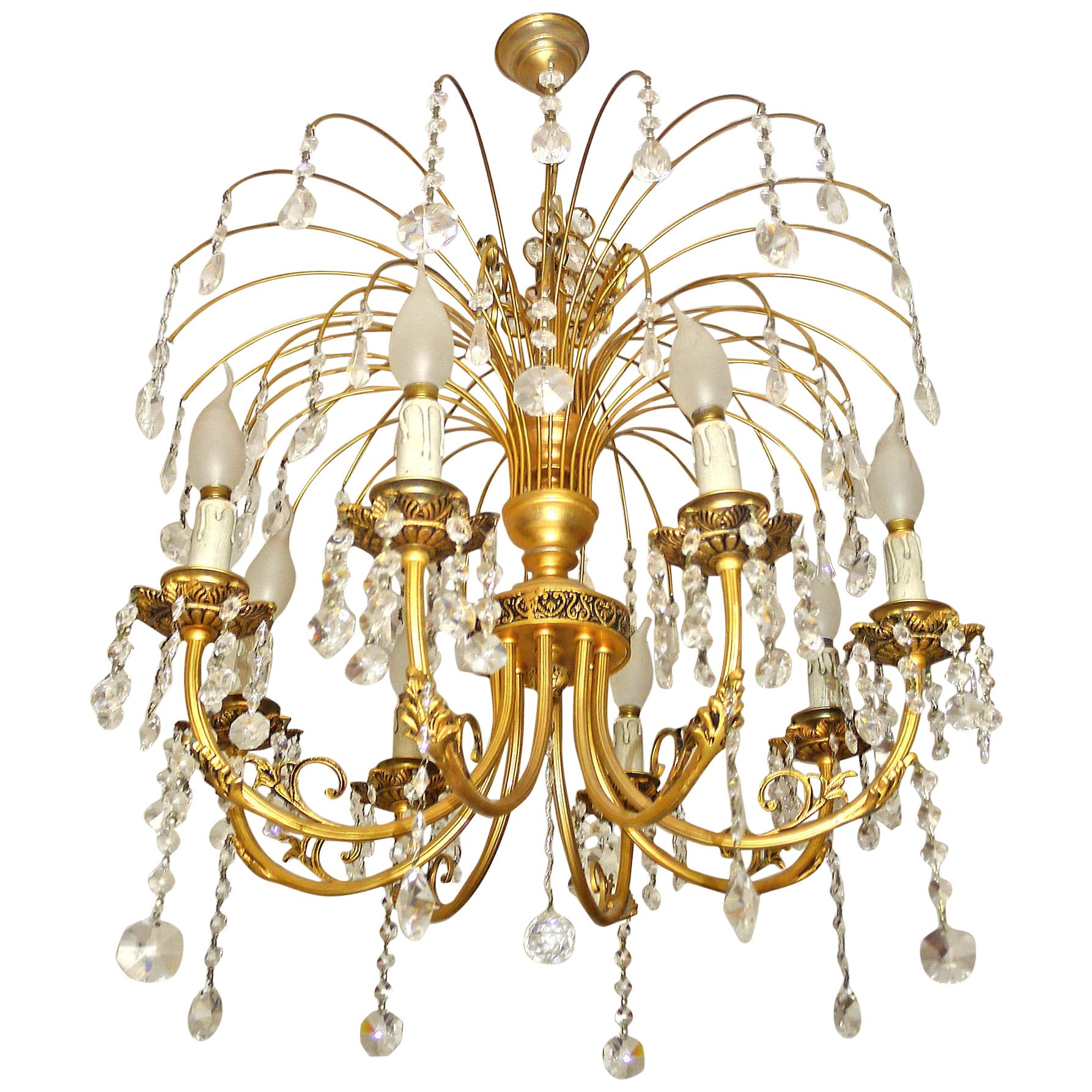 Hollywood Regency Crystal Cascade Waterfall Ornate Gilt Brass 8-light Chandelier For Sale