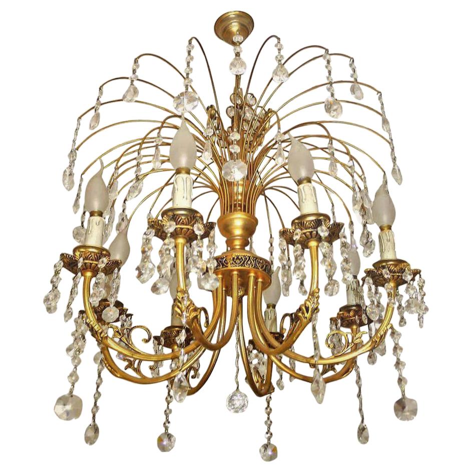 Hollywood Regency Crystal Cascade Waterfall Ornate Gilt Brass 8-Light Chandelier