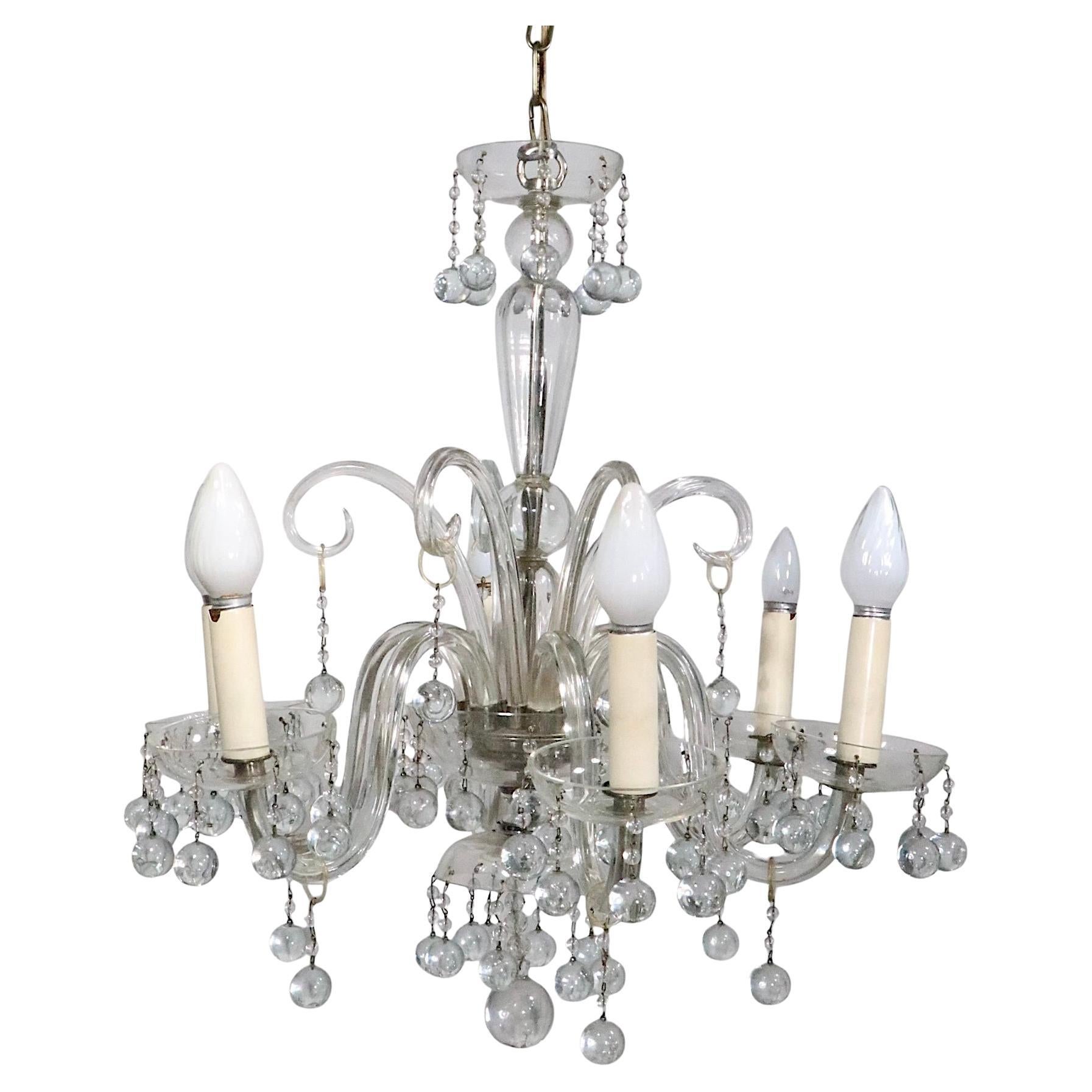 Hollywood Regency Crystal Chandelier with Six Arms Dressed with Glass Ball Drops For Sale