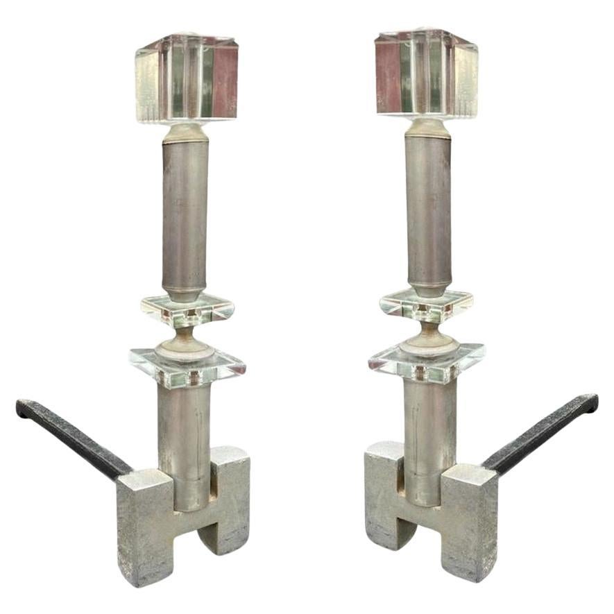 Hollywood Regency Crystal & Chrome "H" Fireplace Andirons, Pair For Sale