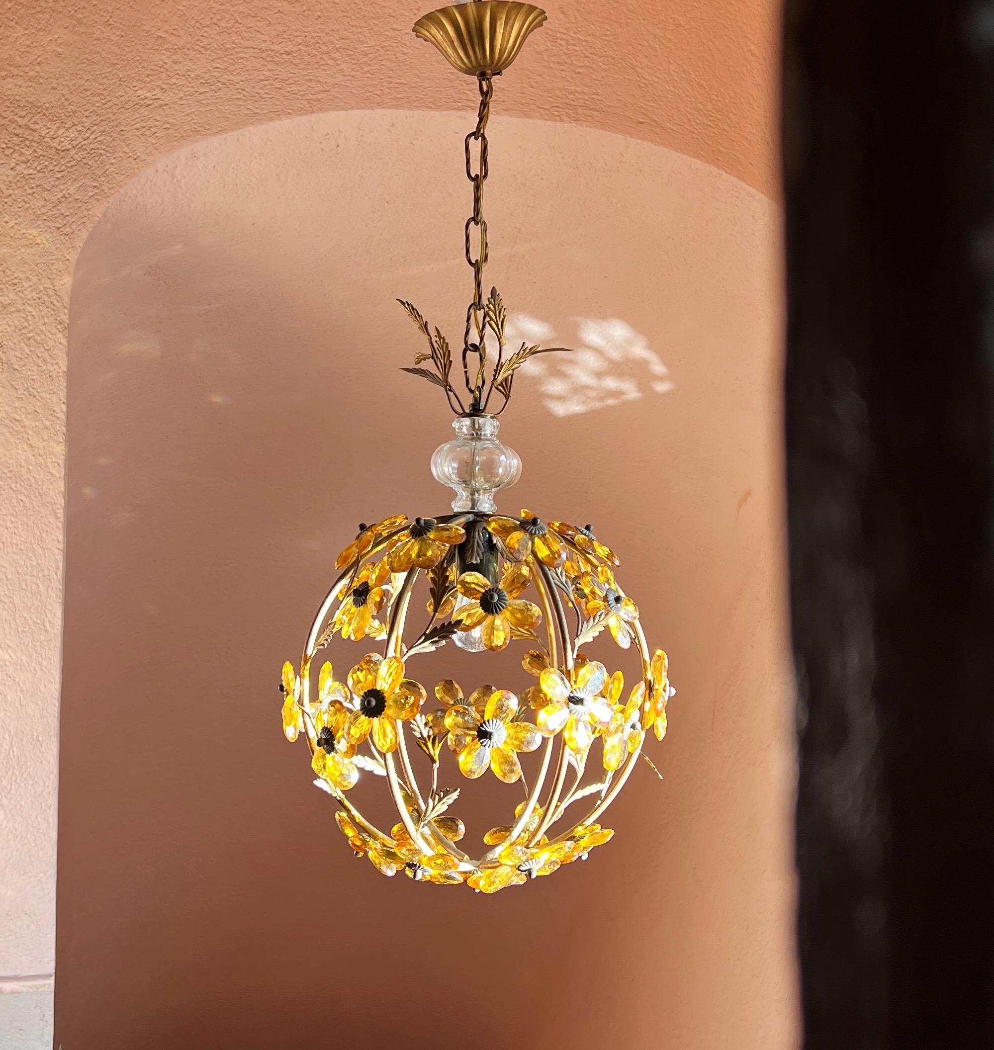 Metal Hollywood Regency Crystal Glass Flower Pendant Chandelier by Maison Baguès For Sale