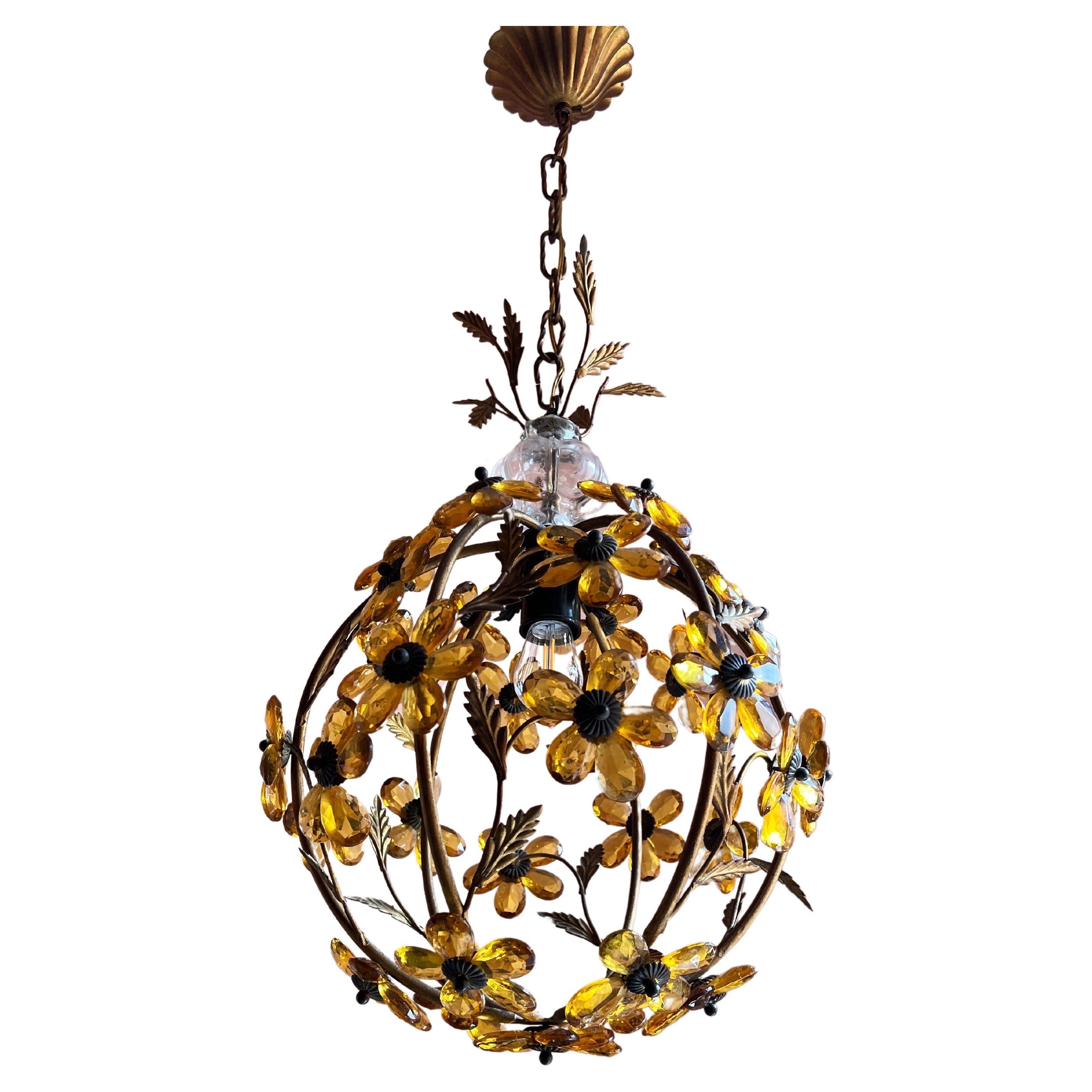 Hollywood Regency Crystal Glass Flower Pendant Chandelier by Maison Baguès
