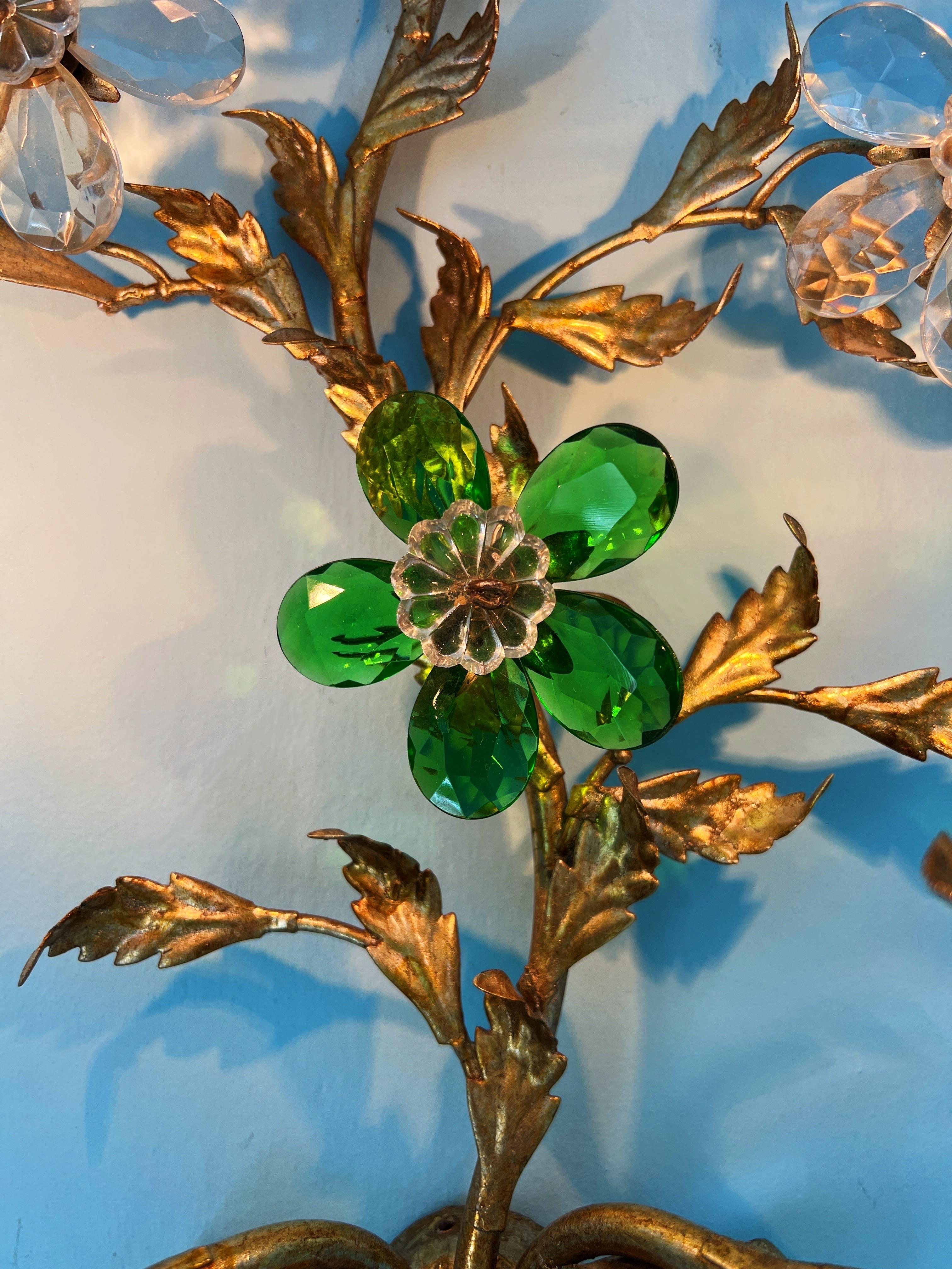 Hollywood Regency Crystal Glass Flower wall light by Maison Baguès For Sale 6