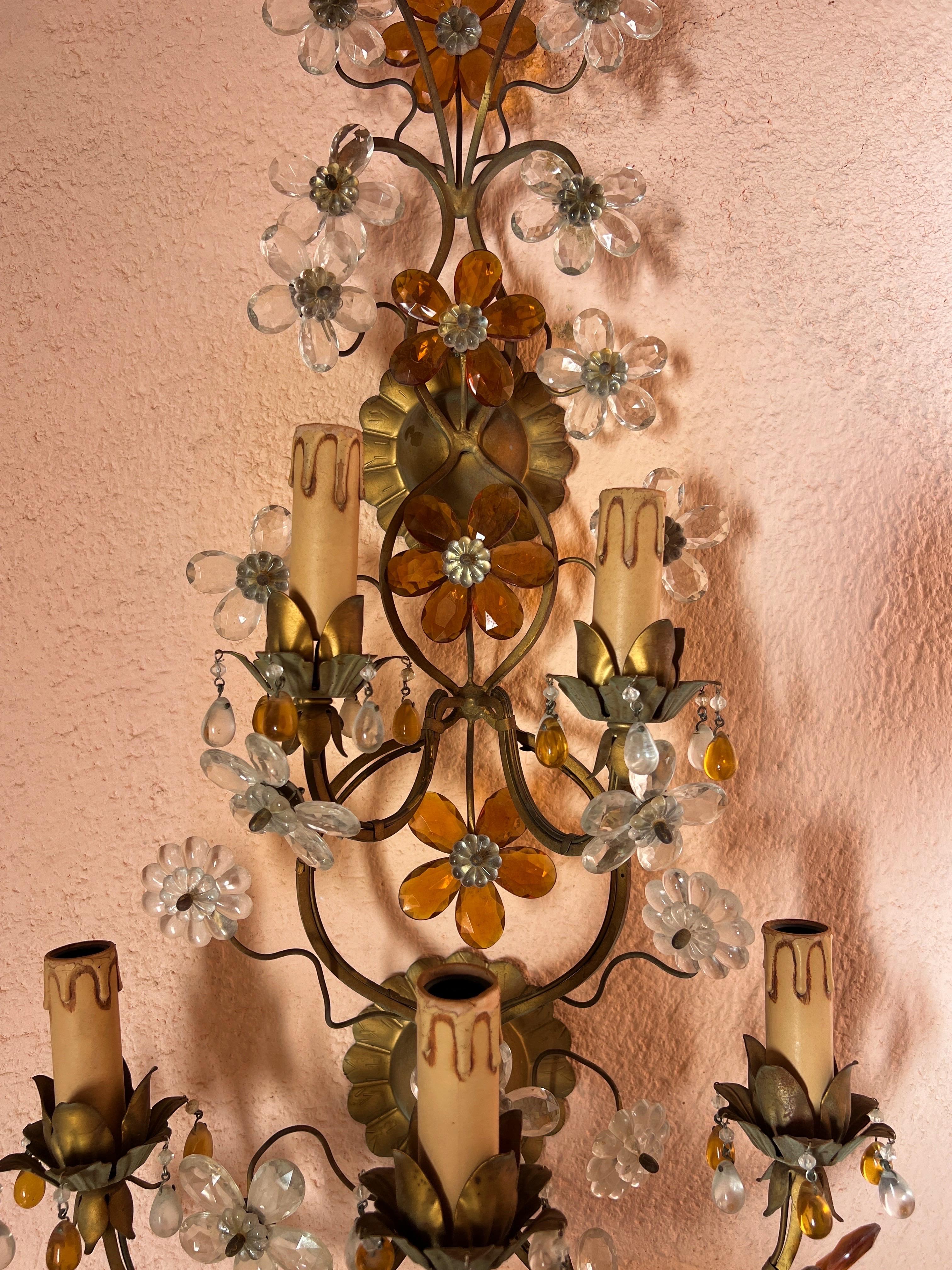 Metal Hollywood Regency Crystal Glass Flower wall light by Maison Baguès For Sale