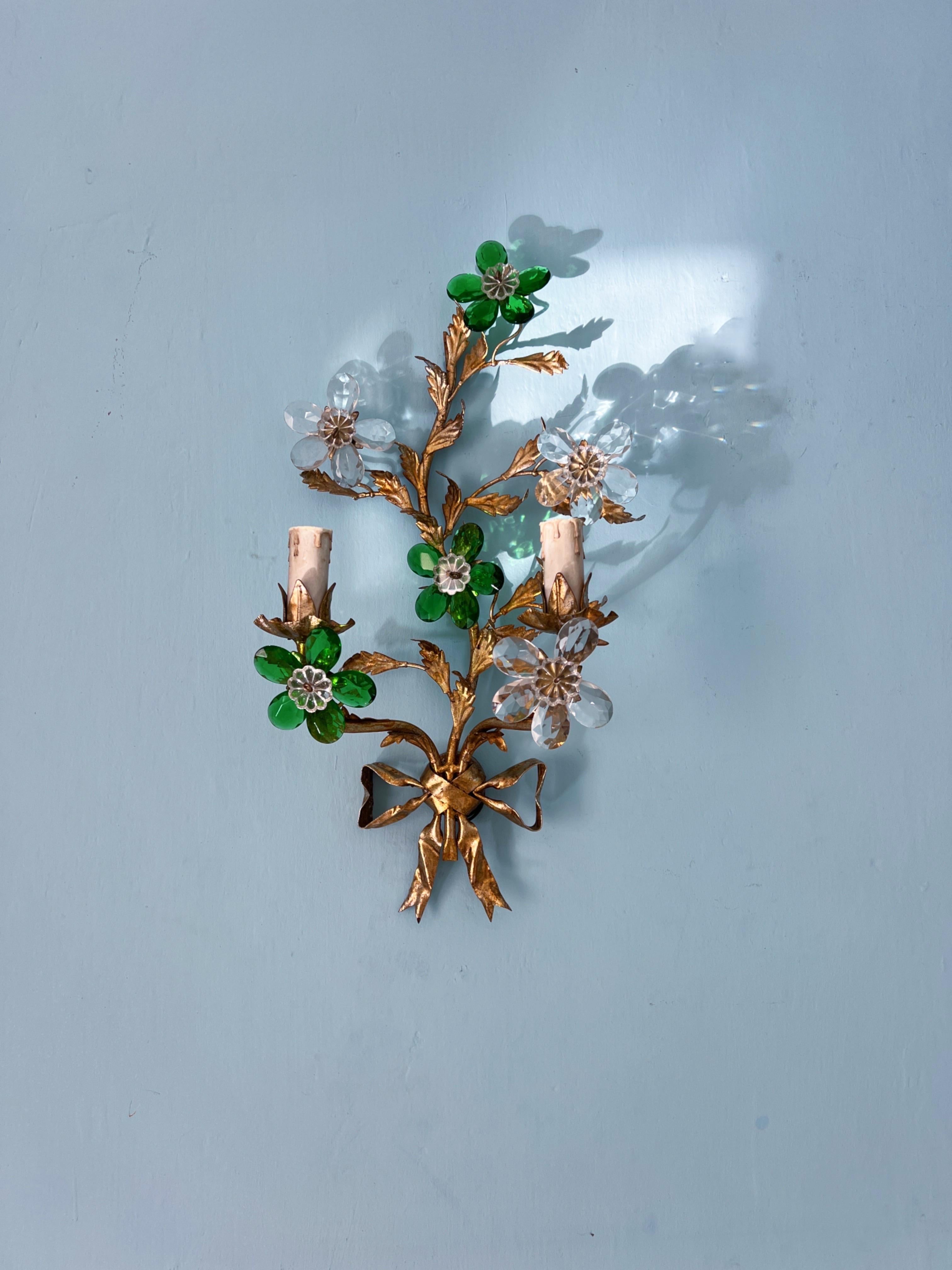 Metal Hollywood Regency Crystal Glass Flower wall light by Maison Baguès For Sale