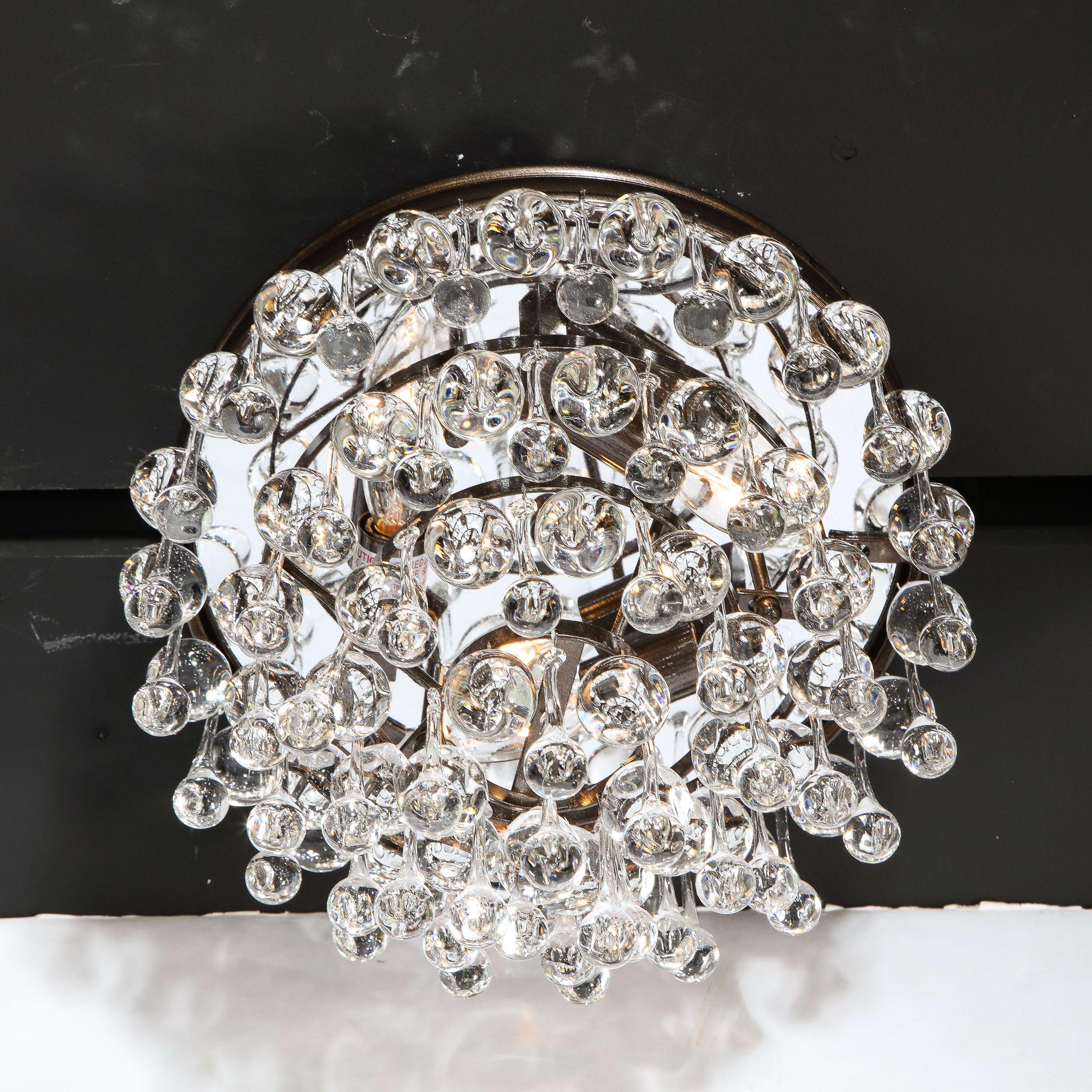 Modern Hollywood Regency Crystal Graduated Teardrop Flush Mount with Bronze Fittings For Sale