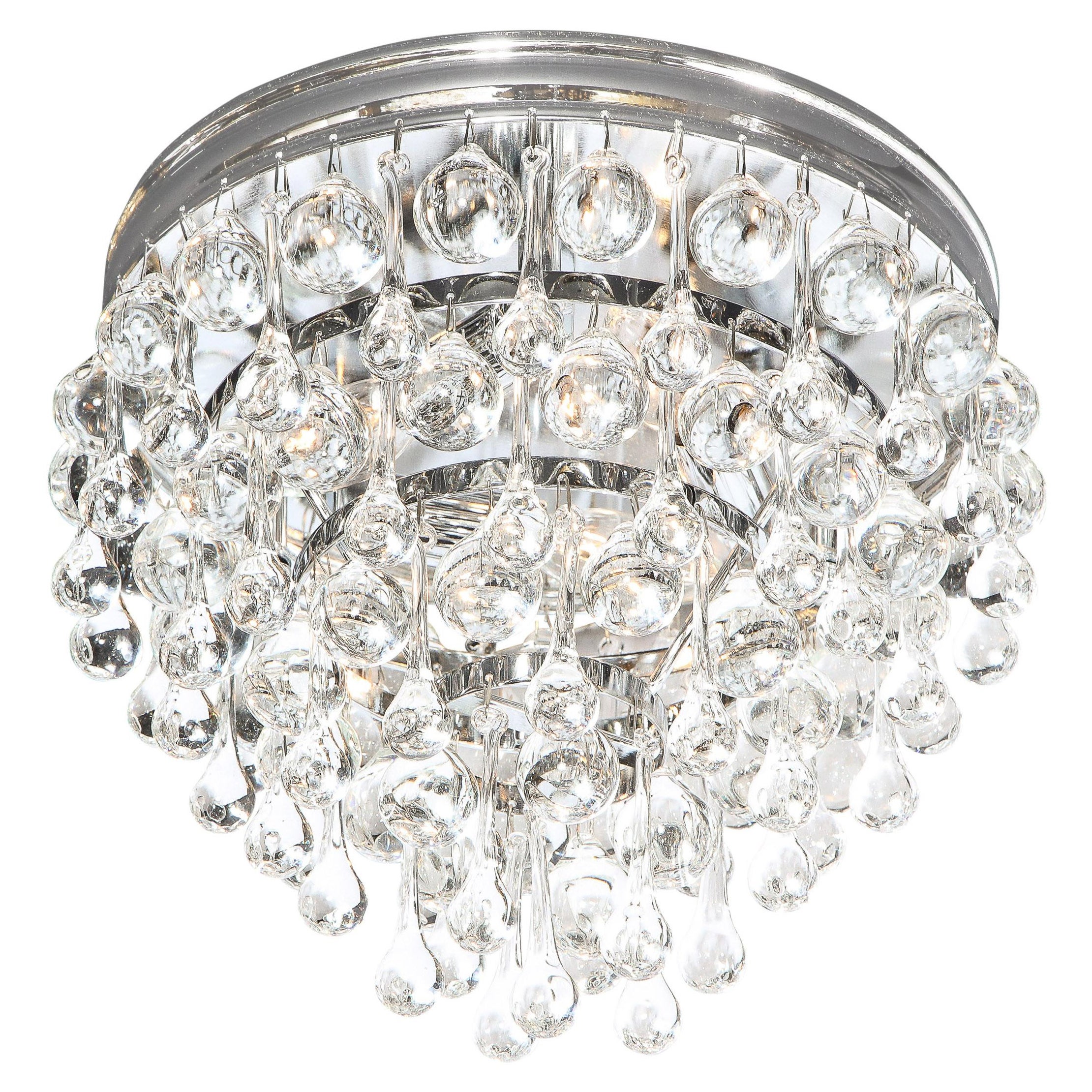 Hollywood Regency Crystal Graduated Teardrop Flush Mount with Chrome Fittings