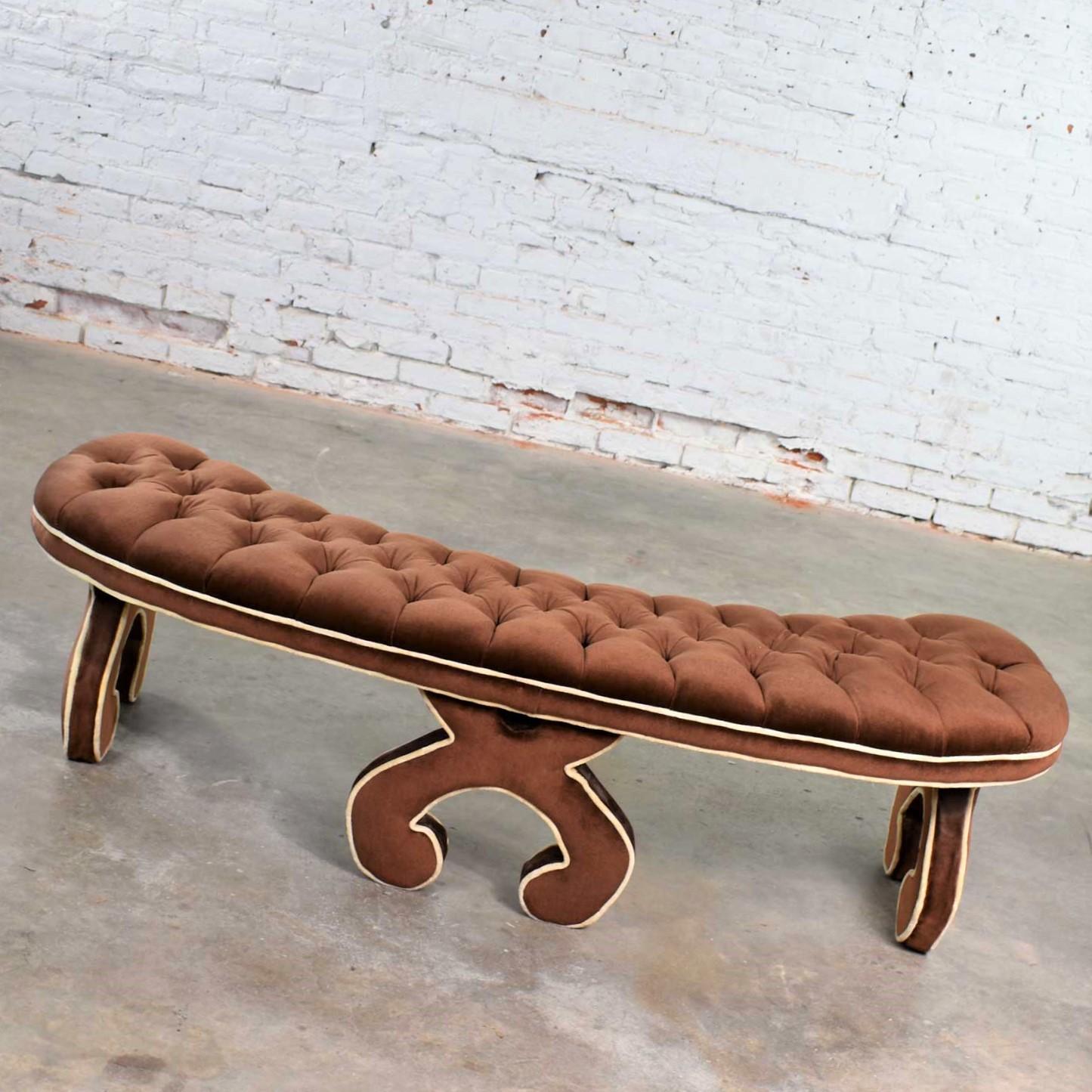 Hollywood Regency Curved Bench Fully Upholstered & Tufted in Cocoa Brown Velvet For Sale 3