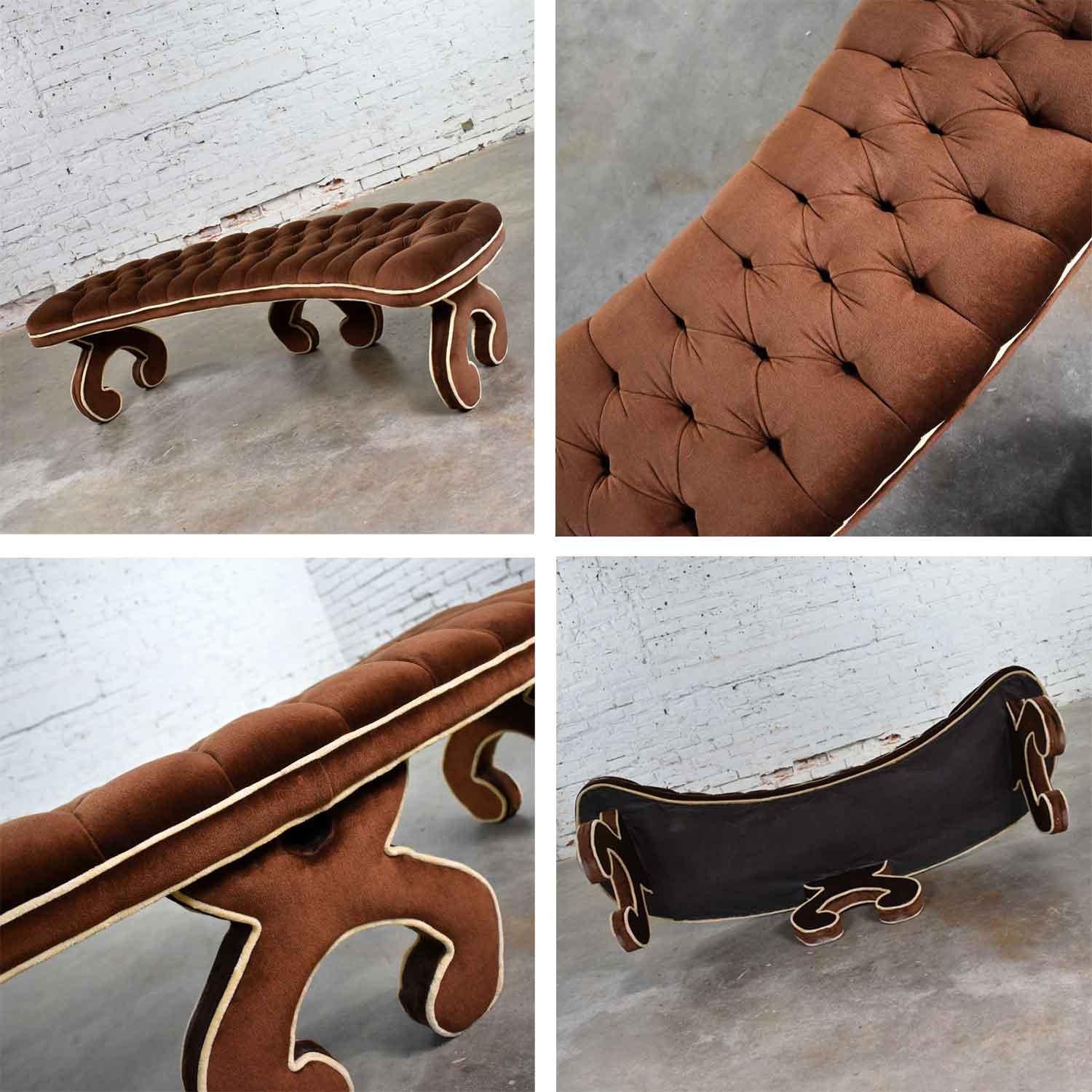 Hollywood Regency Curved Bench Fully Upholstered & Tufted in Cocoa Brown Velvet For Sale 6