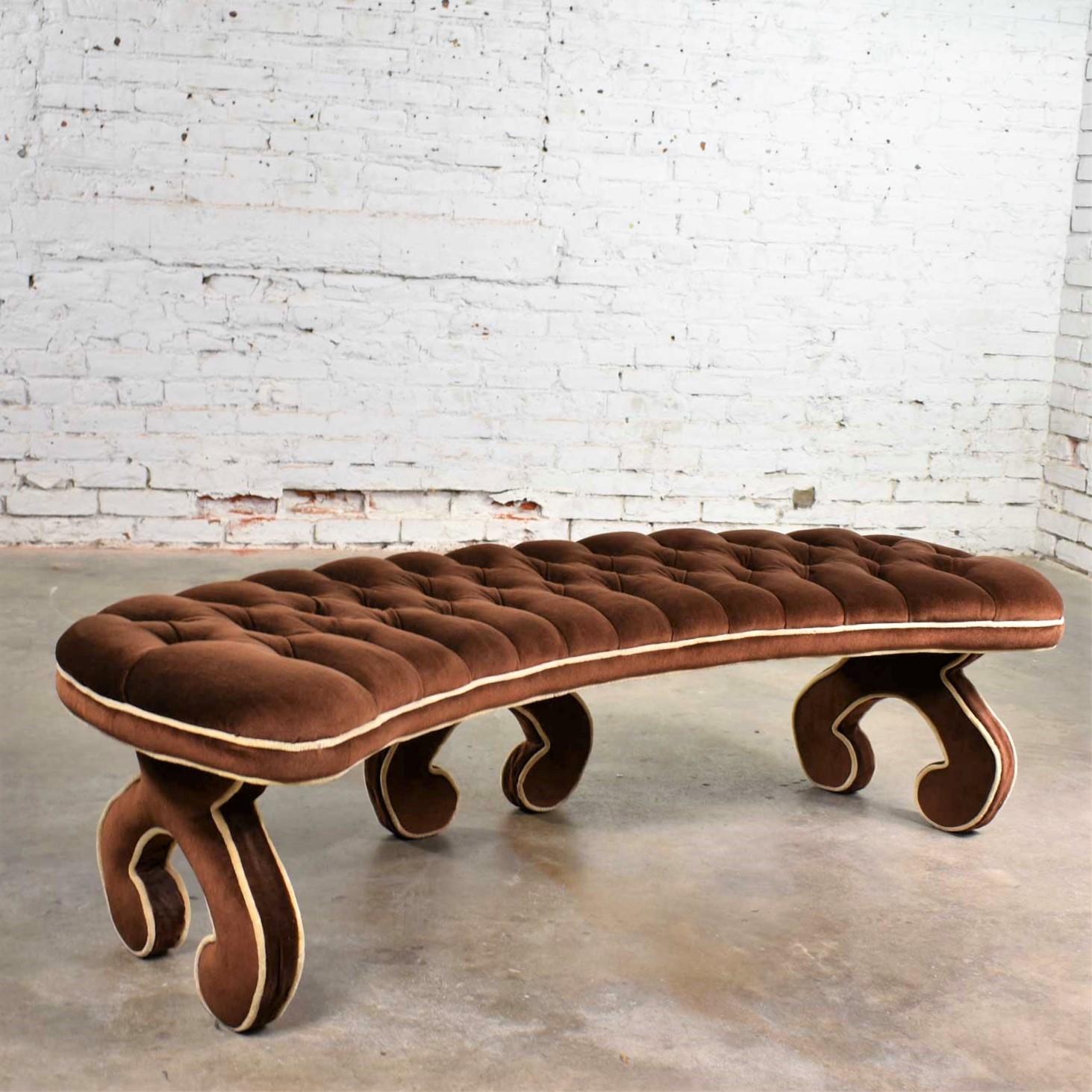 20th Century Hollywood Regency Curved Bench Fully Upholstered & Tufted in Cocoa Brown Velvet For Sale