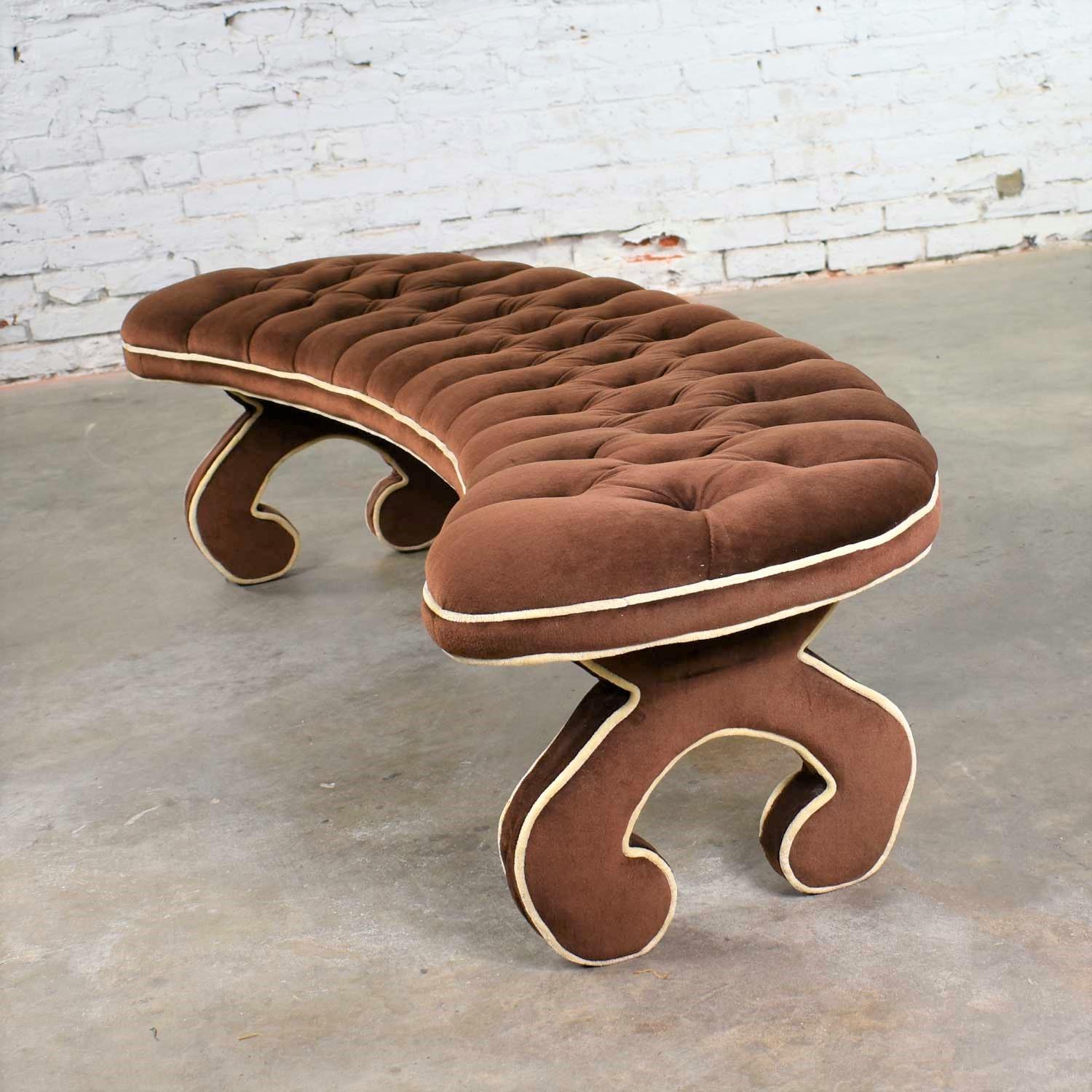 Hollywood Regency Curved Bench Fully Upholstered & Tufted in Cocoa Brown Velvet 1