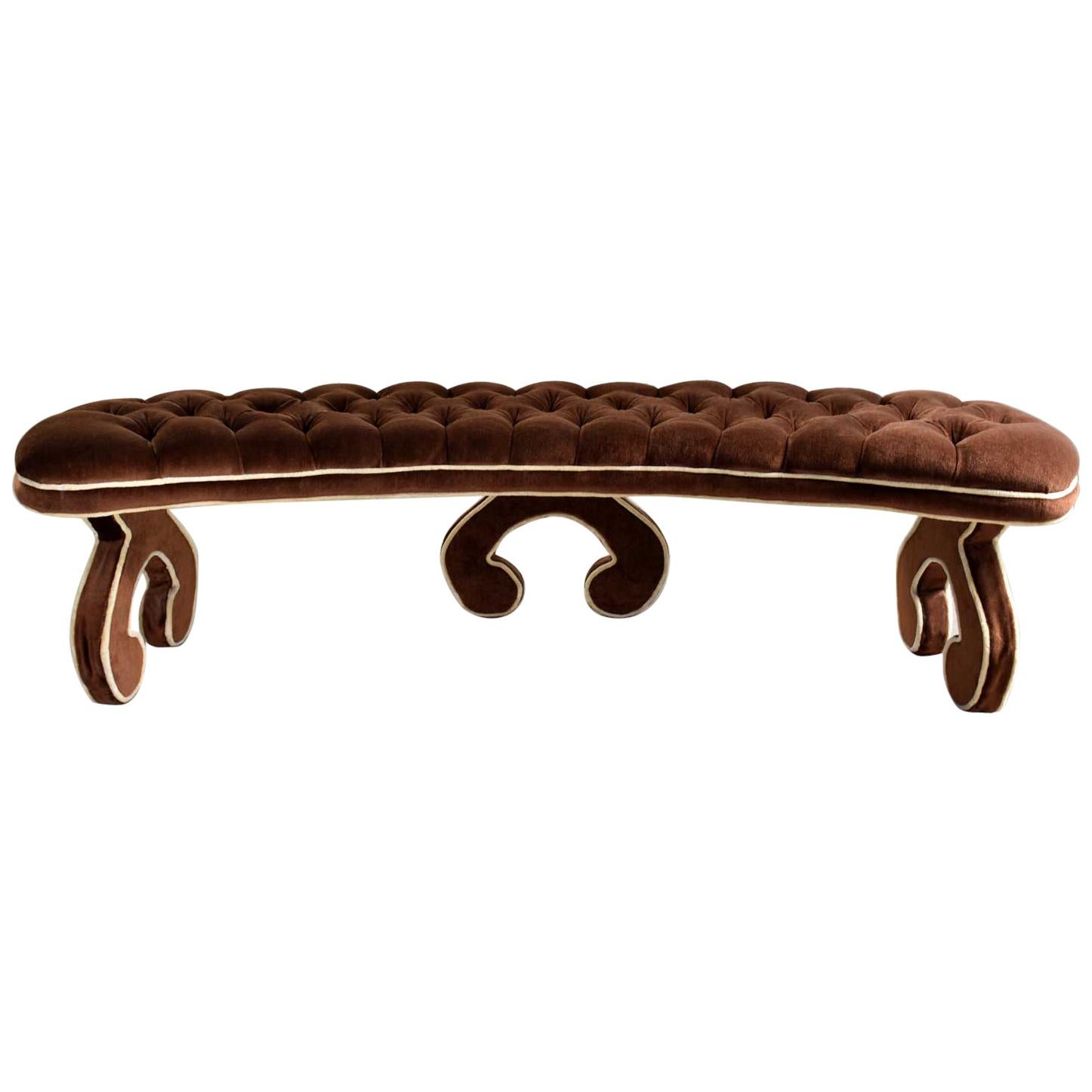 Hollywood Regency Curved Bench Fully Upholstered & Tufted in Cocoa Brown Velvet For Sale