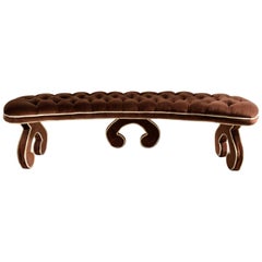 Hollywood Regency Curved Bench Fully Upholstered & Tufted in Cocoa Brown Velvet