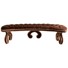 Used Hollywood Regency Curved Bench Fully Upholstered & Tufted in Cocoa Brown Velvet