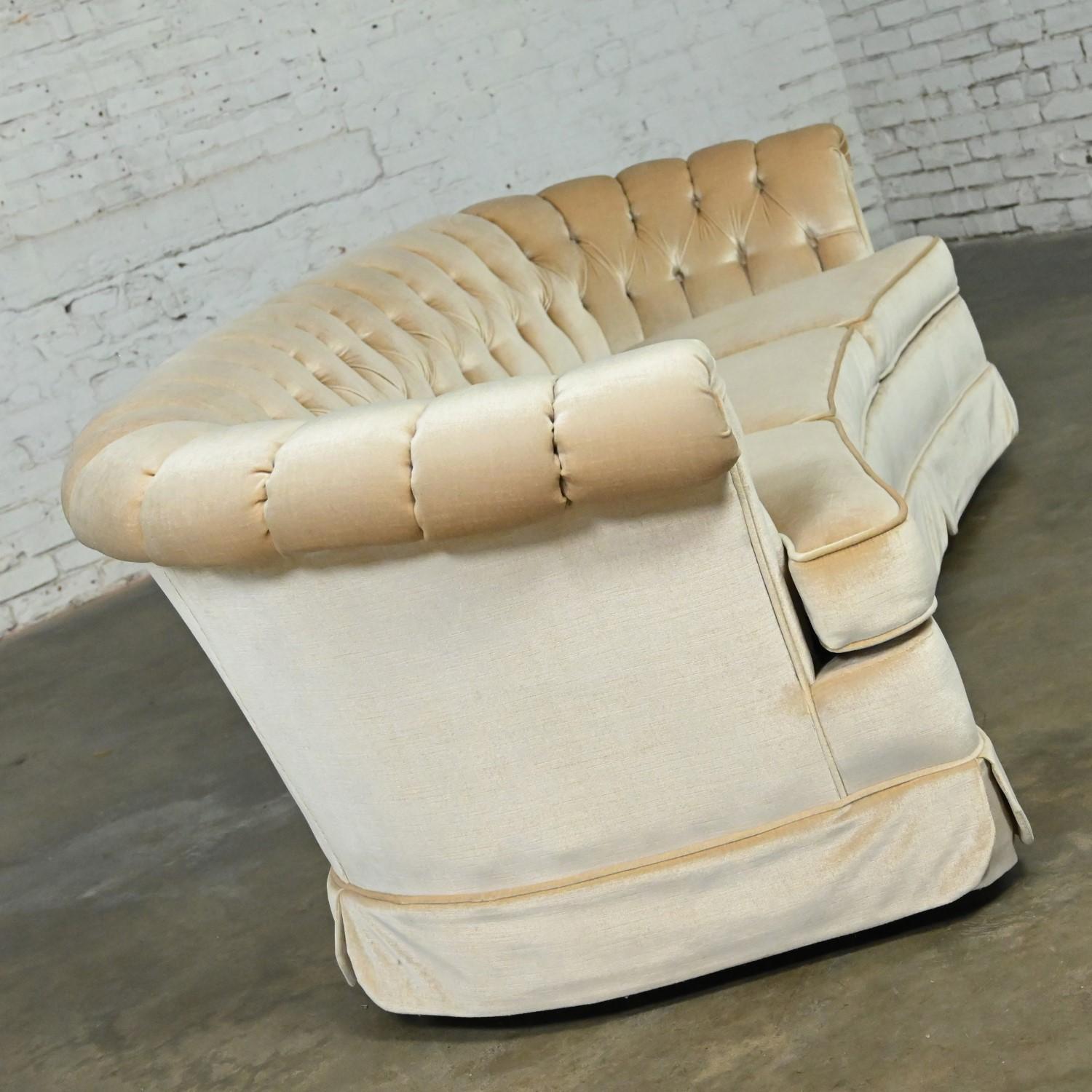 Hollywood Regency Curved Sofa Beige Velvet Button Tufted Lee Harvey for Maddox 4