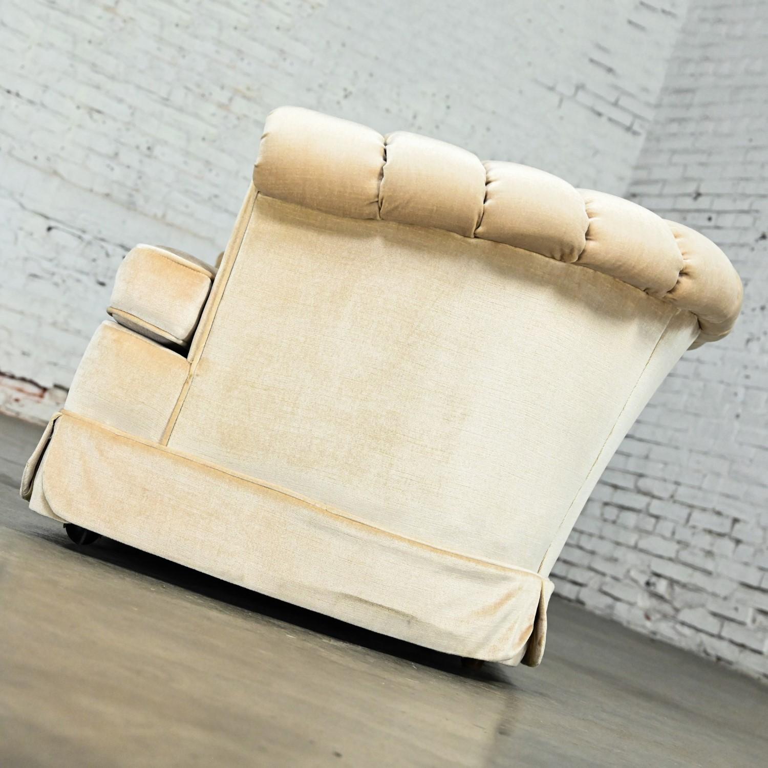 Hollywood Regency Curved Sofa Beige Velvet Button Tufted Lee Harvey for Maddox 6