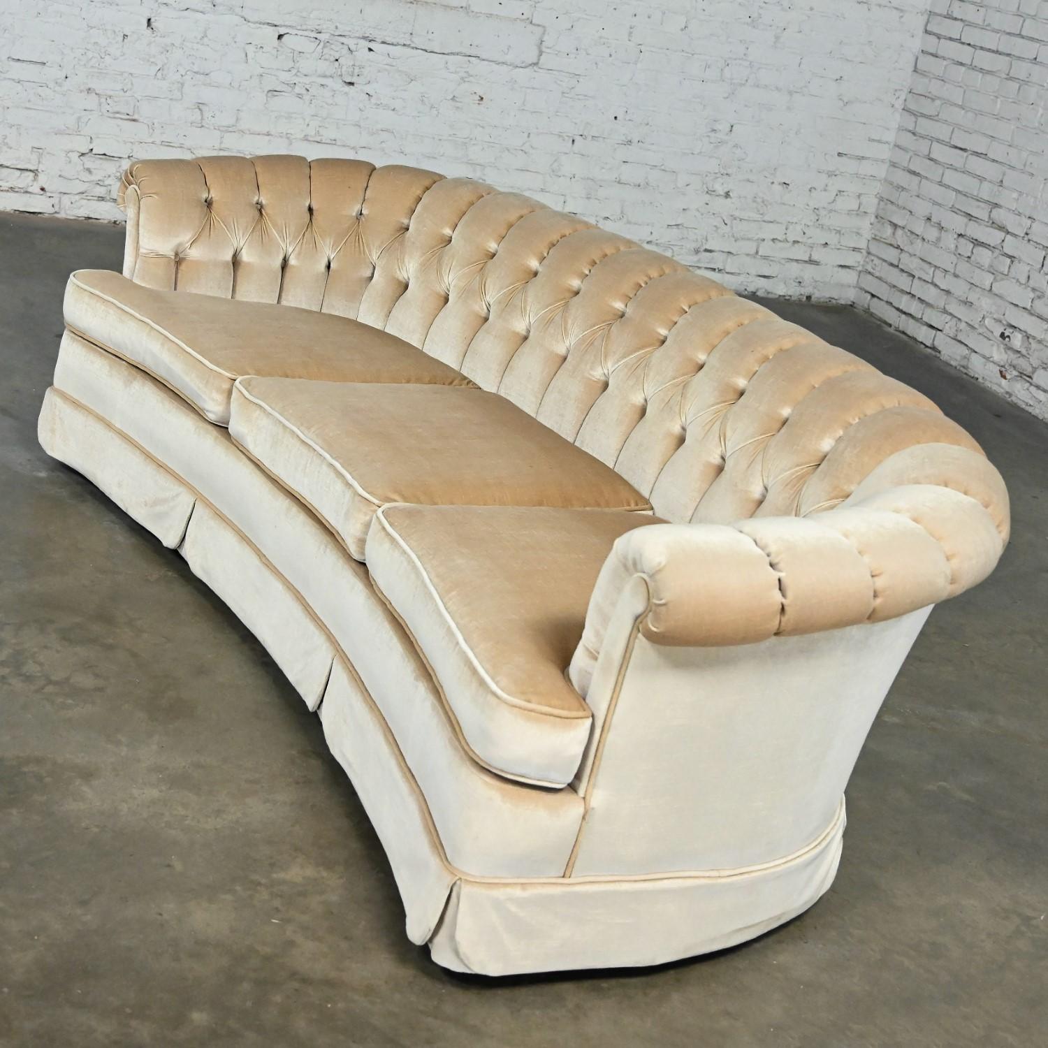 Hollywood Regency Curved Sofa Beige Velvet Button Tufted Lee Harvey for Maddox 7