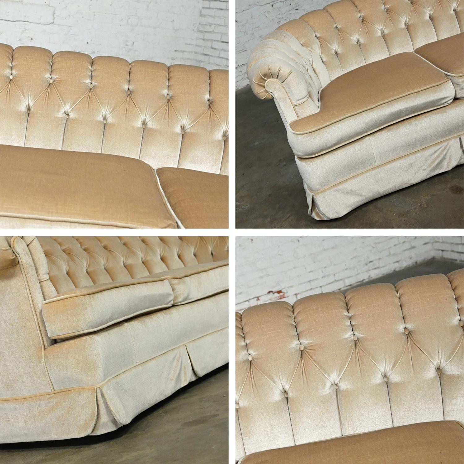 Hollywood Regency Curved Sofa Beige Velvet Button Tufted Lee Harvey for Maddox 10