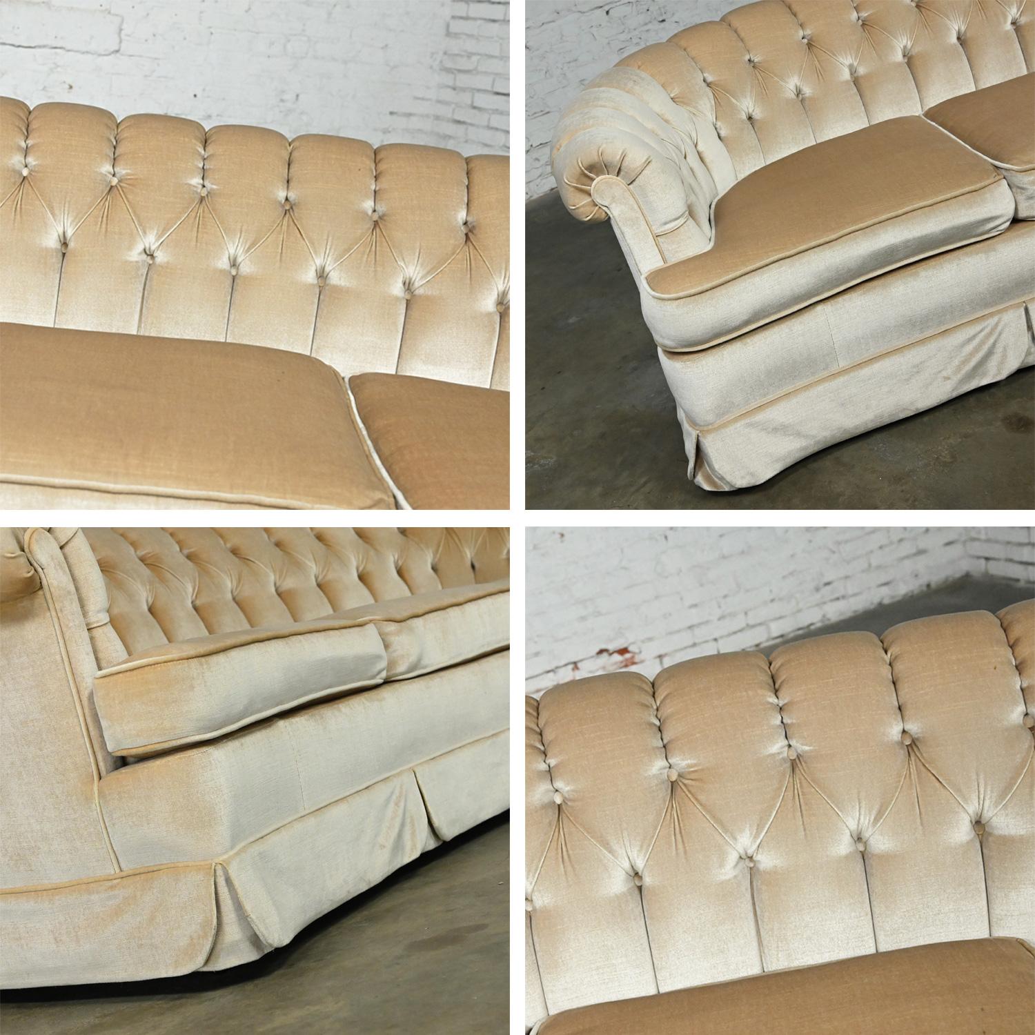 Hollywood Regency Curved Sofa Beige Velvet Button Tufted Lee Harvey for Maddox  10