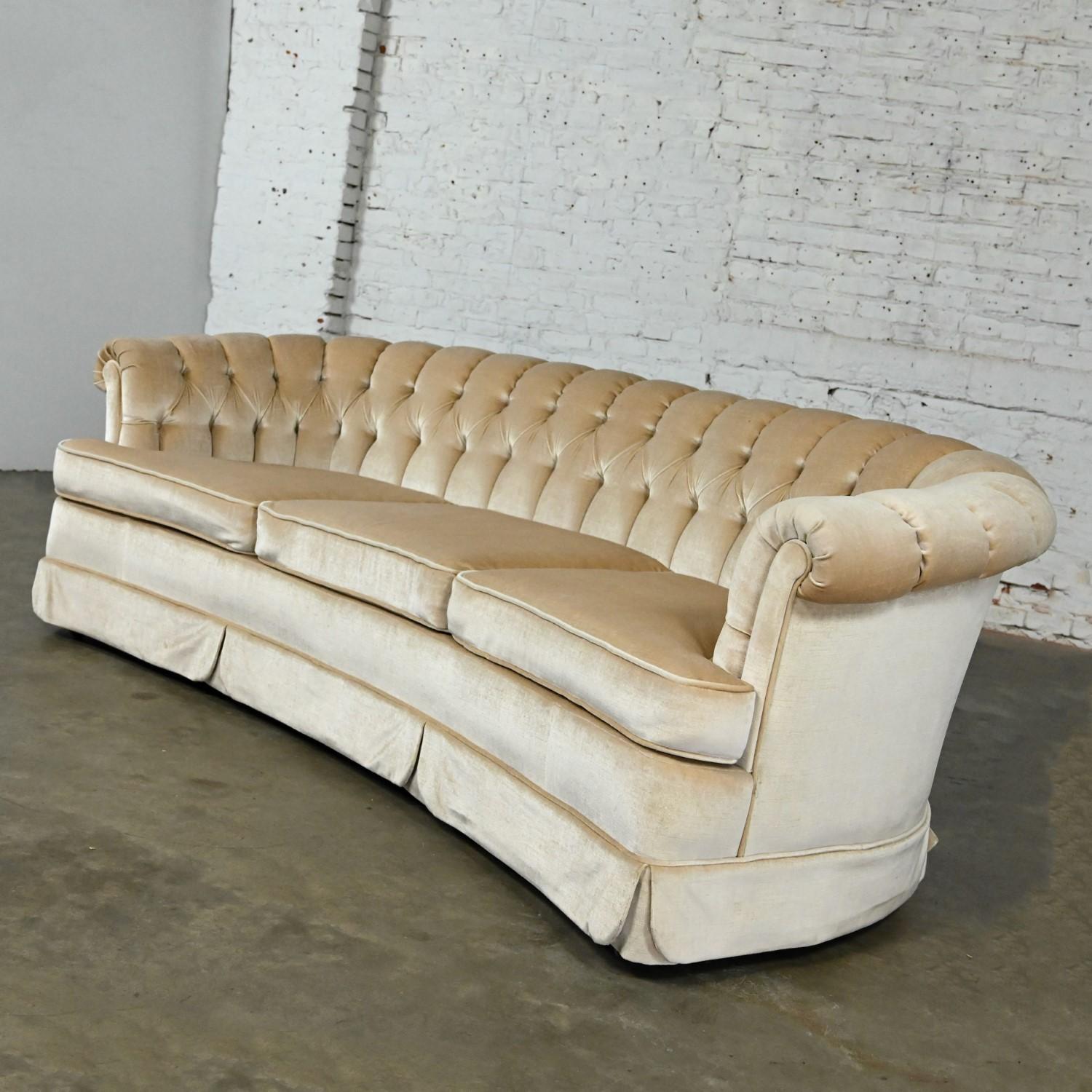 Hollywood Regency Curved Sofa Beige Velvet Button Tufted Lee Harvey for Maddox 12
